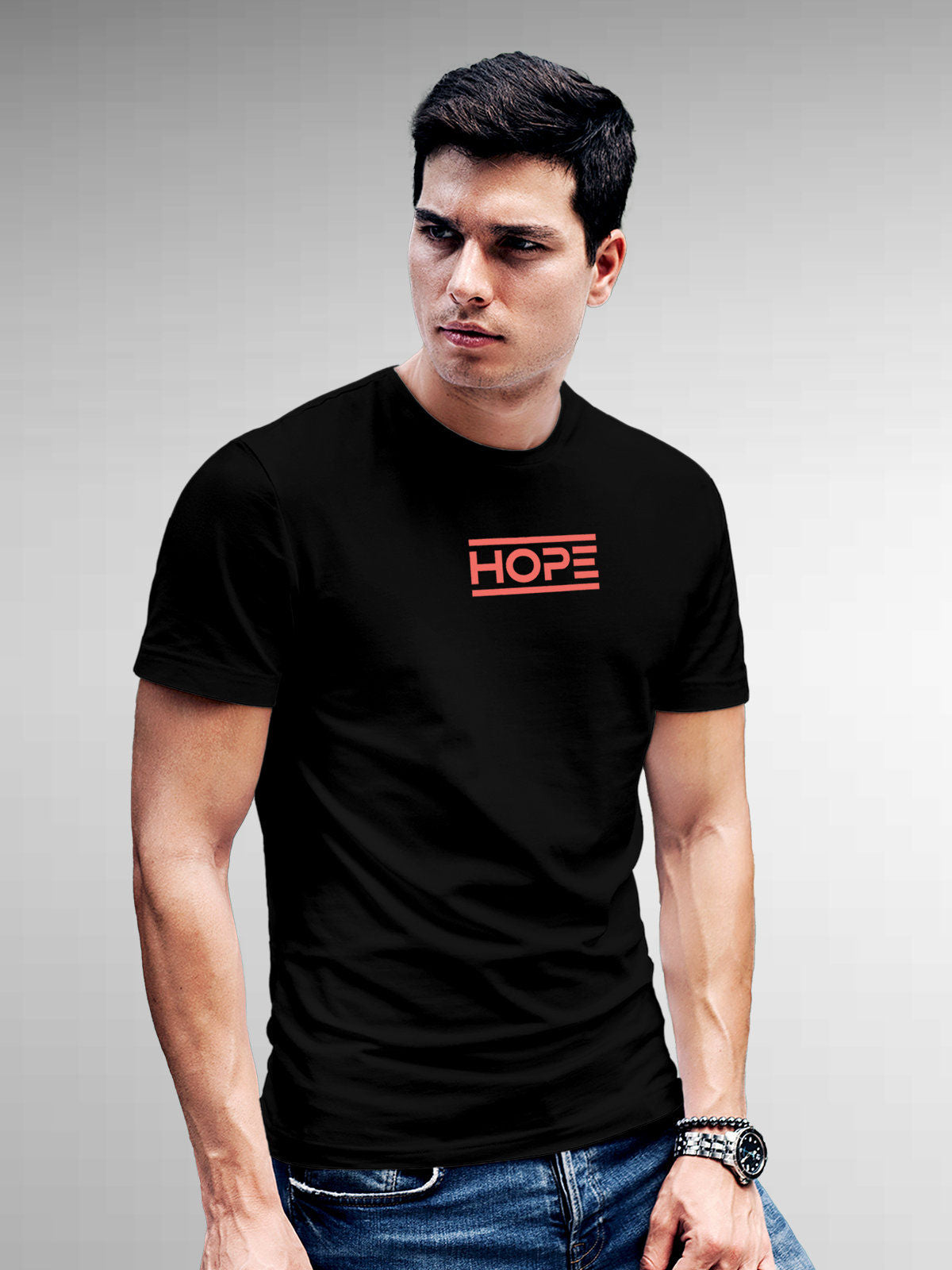 Model wearing Men's Black Round Neck T-shirt with 'Hope' design, offering effortless style and premium comfort