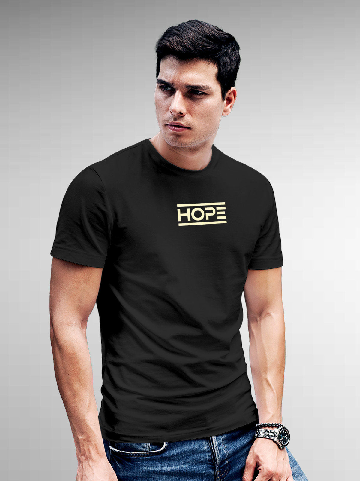 Model wearing Men's Dark Grey Round Neck T-shirt with 'Hope' design, offering effortless style and premium comfort