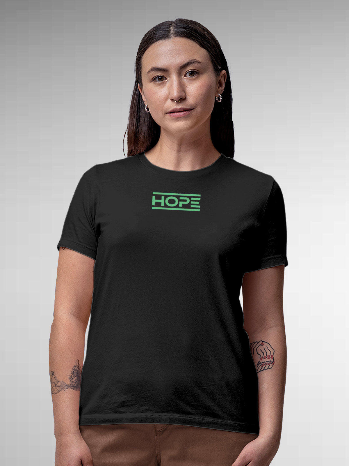 Model wearing Women's Dark Grey Round Neck T-shirt with 'Hope' design, offering effortless style and premium comfort