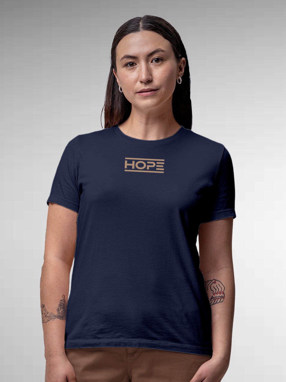 Model wearing Women's Navy Blue Round Neck T-shirt with 'Hope' design, offering effortless style and premium comfort