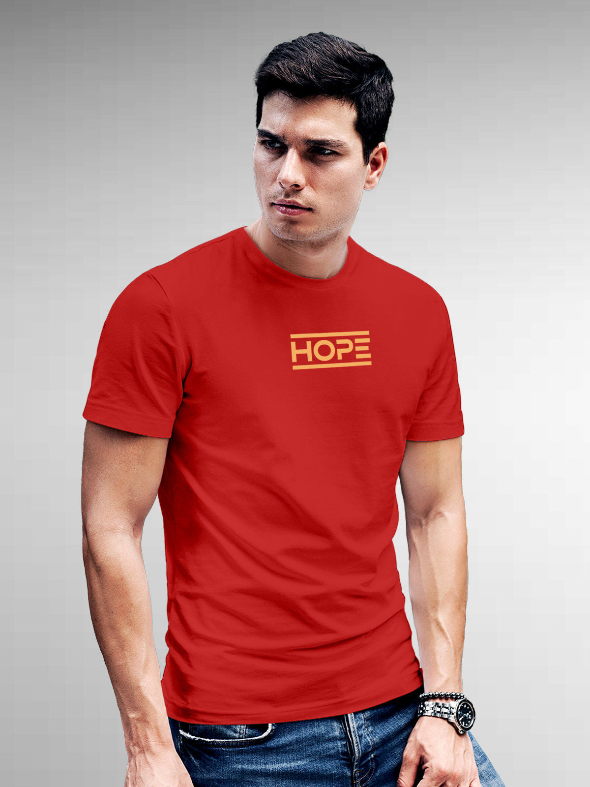 Model wearing Men's Red Round Neck T-shirt with 'Hope' design, offering effortless style and premium comfort