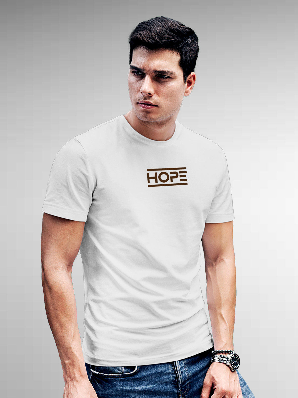 Model wearing Men's White Round Neck T-shirt with 'Hope' design, offering effortless style and premium comfort