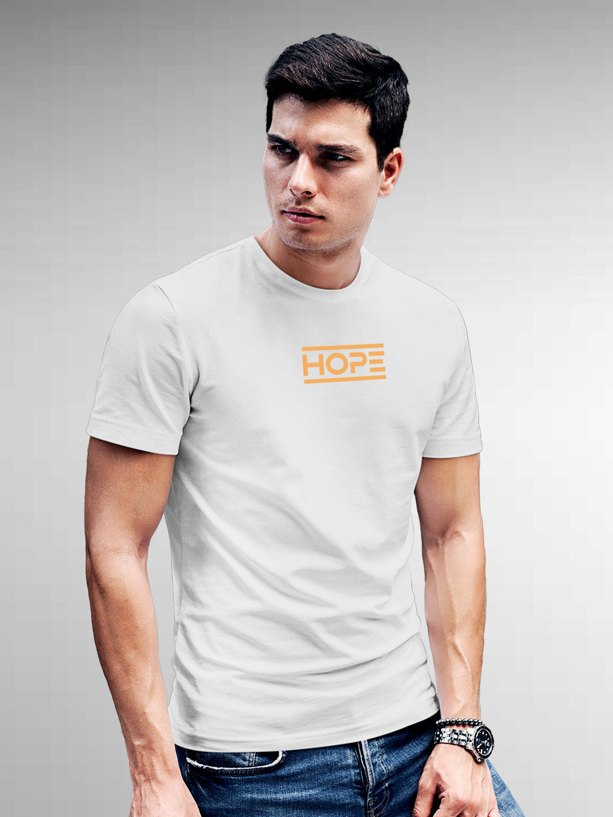 Model wearing Men's White Round Neck T-shirt with 'Hope' design, offering effortless style and premium comfort