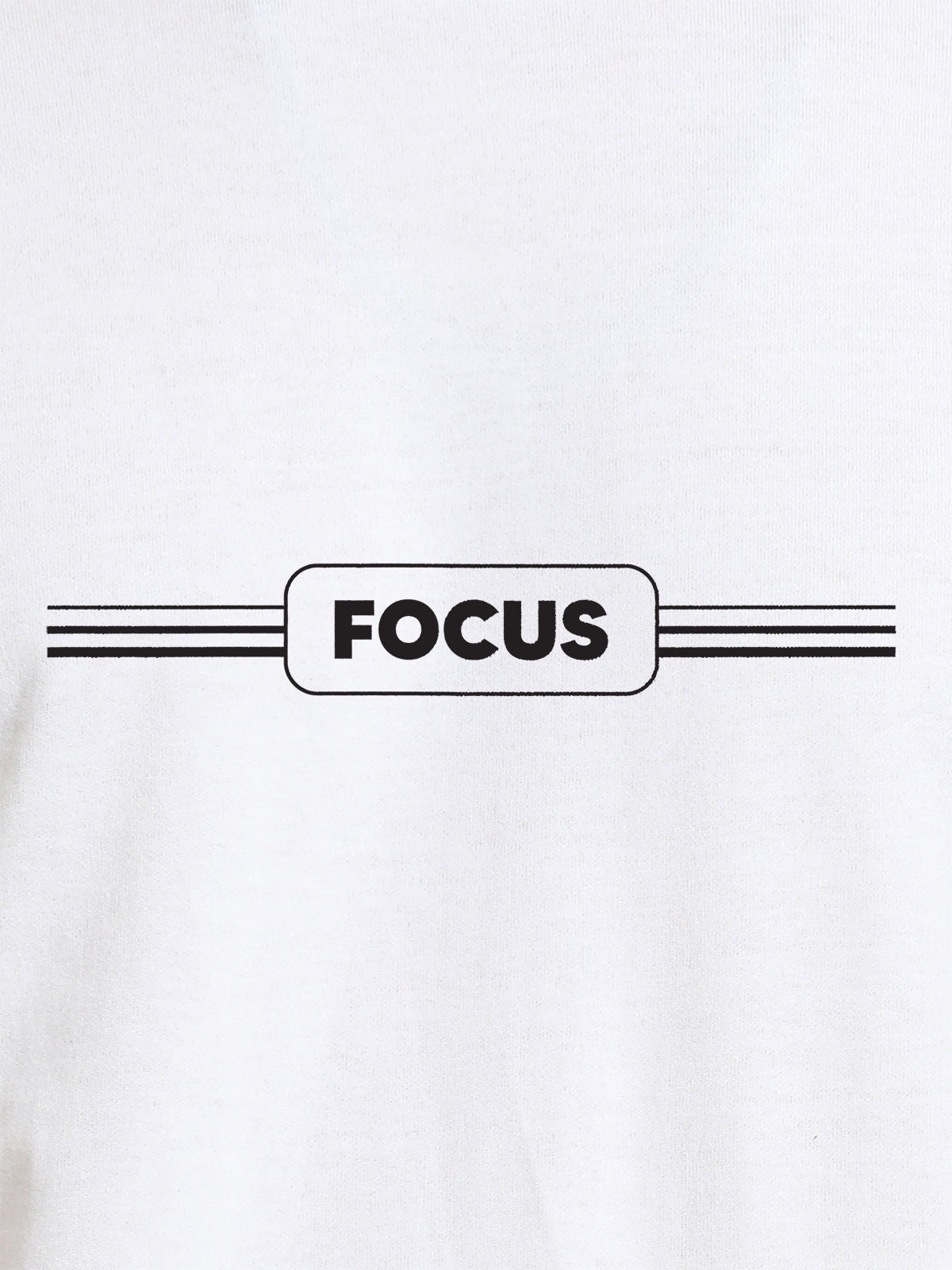 Close up of 'Focus' design on Men's White Round Neck T-shirt, highlighting intricate details and vibrant print.