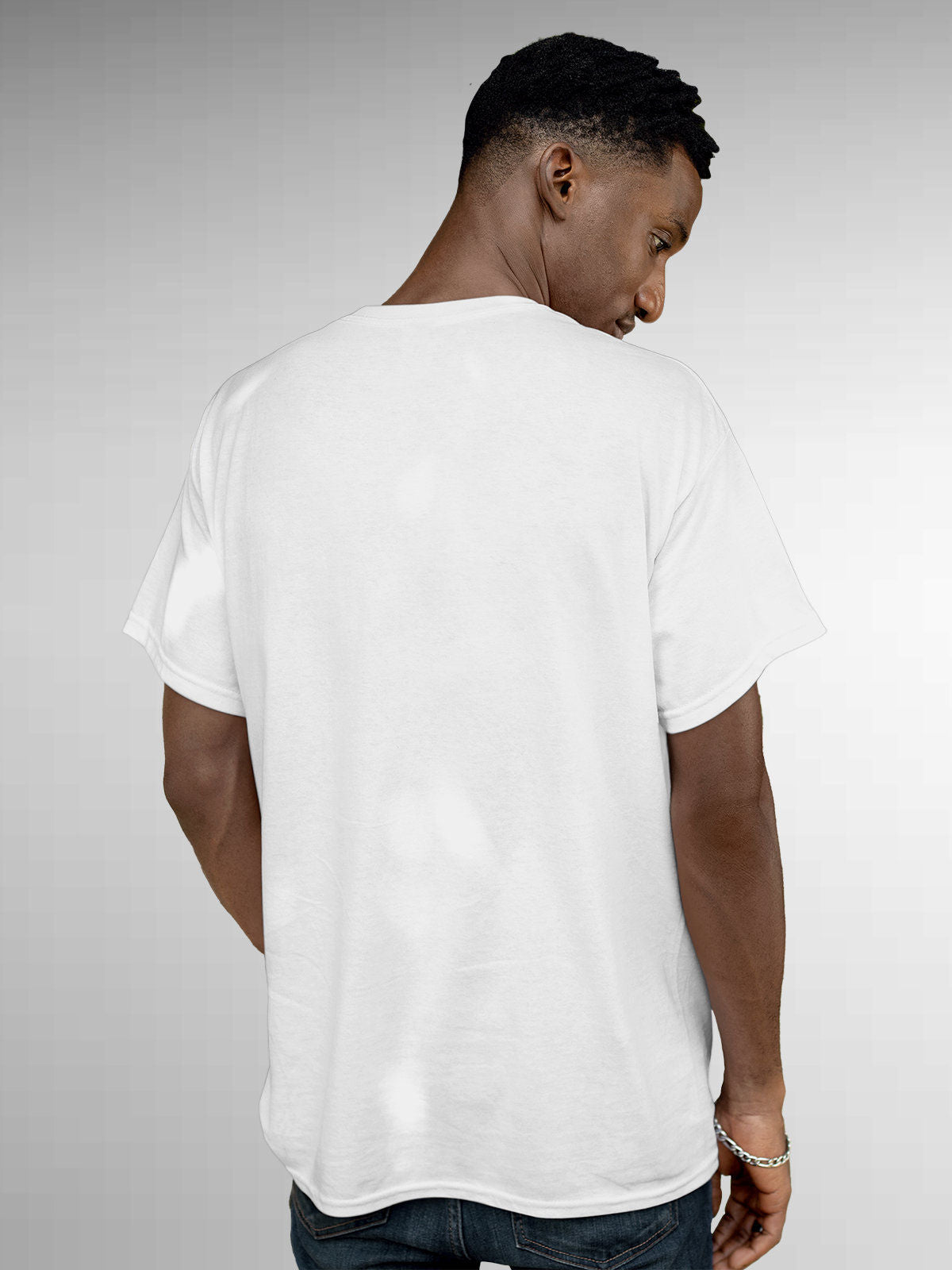 Back view of Fighterhero Men's White Round Neck T-shirt, highlighting the modern look and clean finish