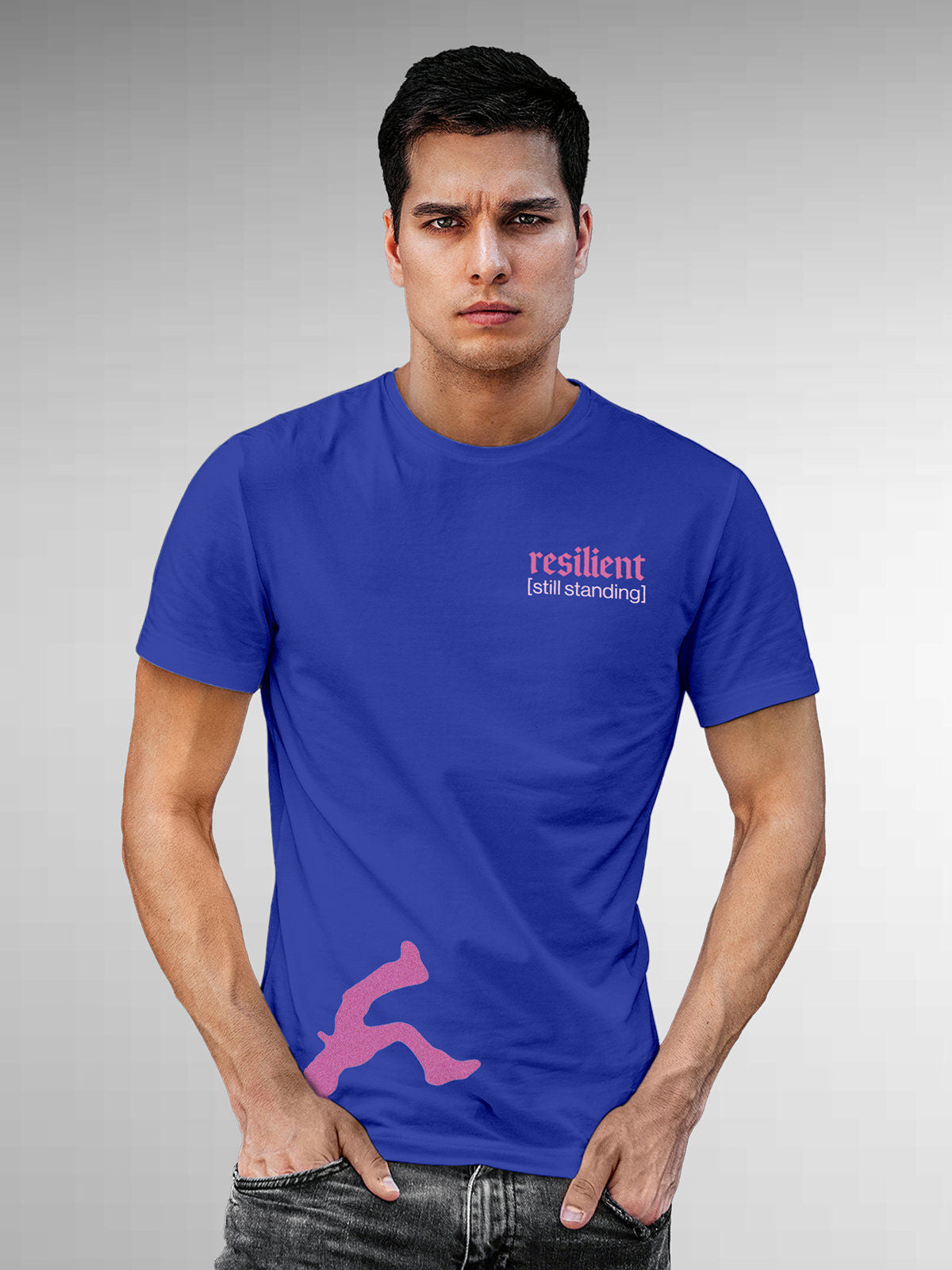 Model wearing Men's Blue Round Neck T-shirt with 'Resilient' design, offering effortless style and premium comfort