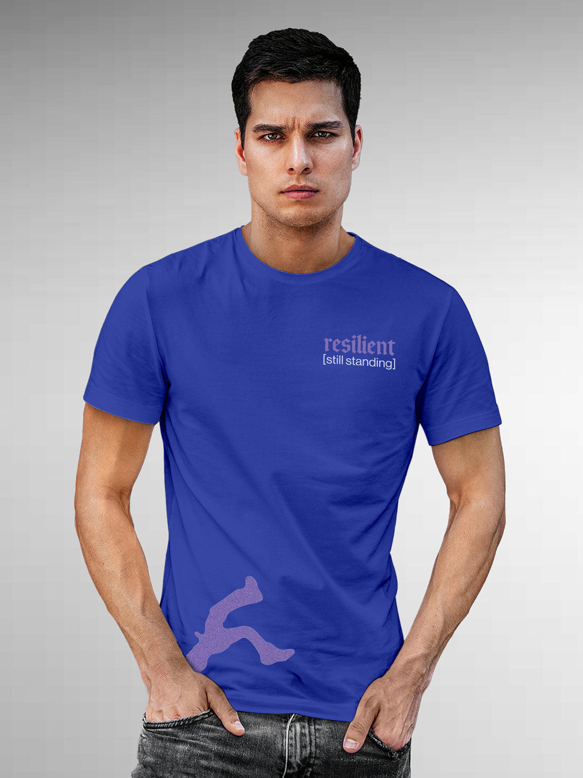 Model wearing Men's Blue Round Neck T-shirt with 'Resilient' design, offering effortless style and premium comfort