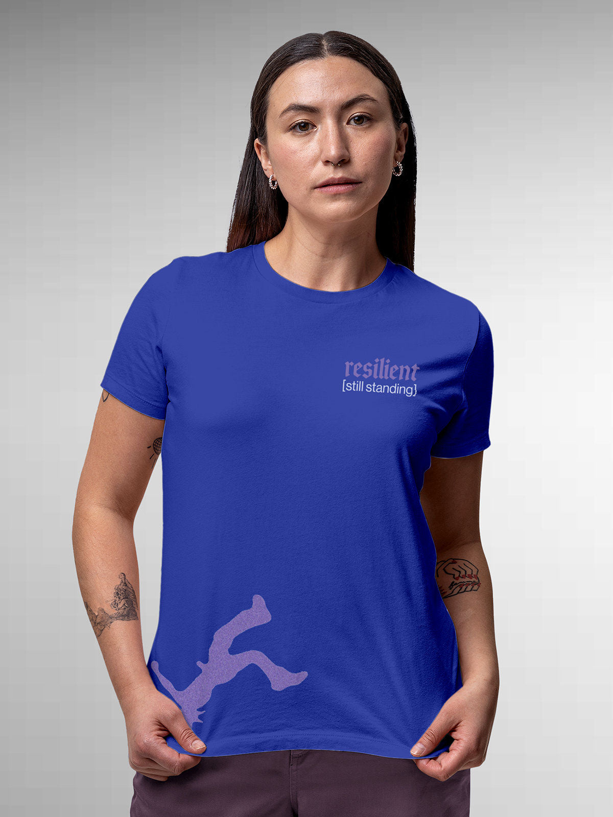 Model wearing Women's Blue Round Neck T-shirt with 'Resilient' design, offering effortless style and premium comfort