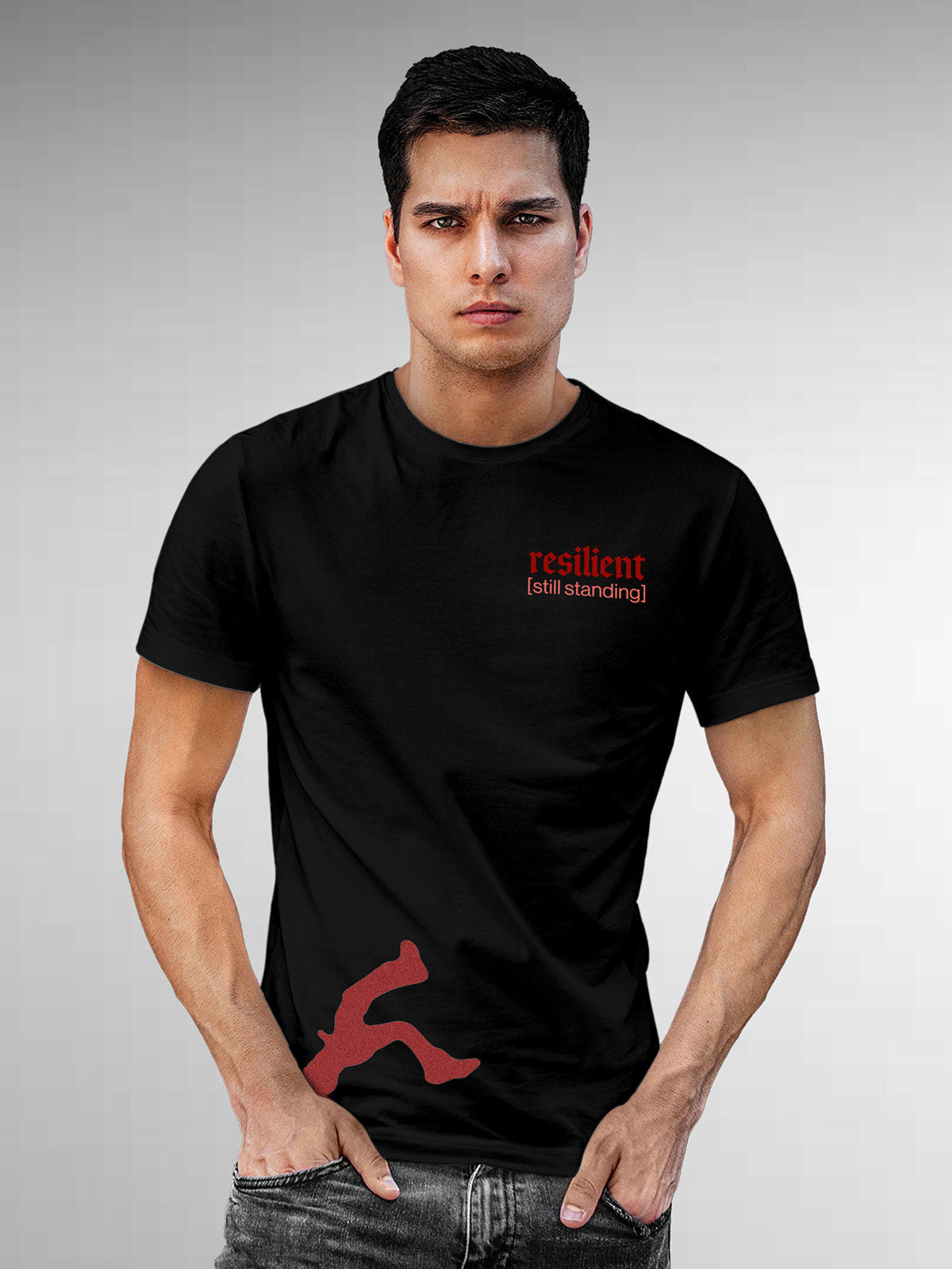 Model wearing Men's Black Round Neck T-shirt with 'Resilient' design, offering effortless style and premium comfort