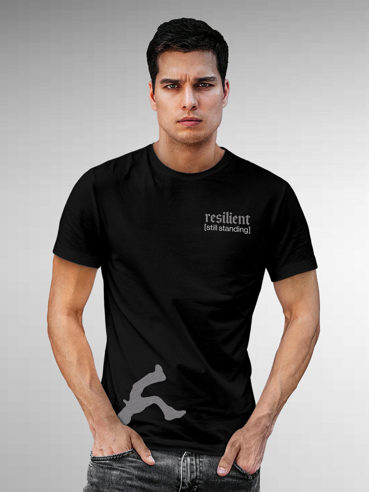 Model wearing Men's Black Round Neck T-shirt with 'Resilient' design, offering effortless style and premium comfort