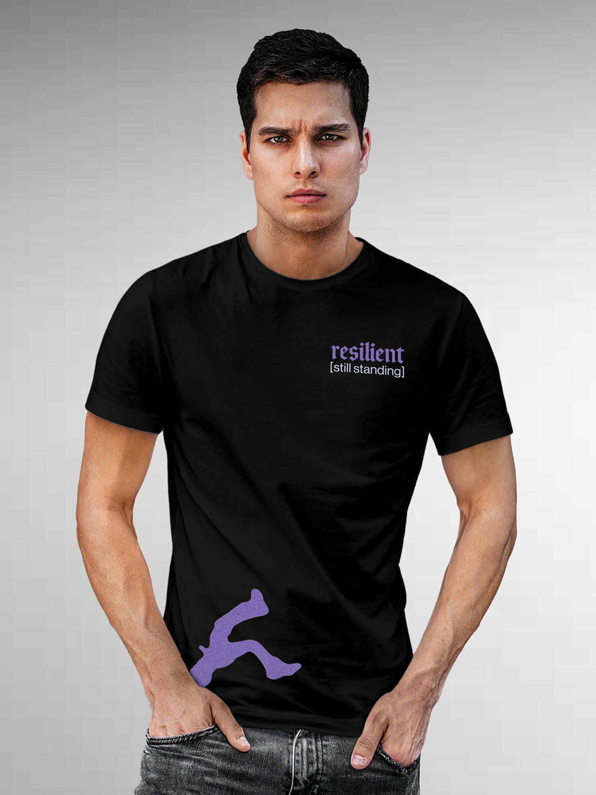 Model wearing Men's Black Round Neck T-shirt with 'Resilient' design, offering effortless style and premium comfort