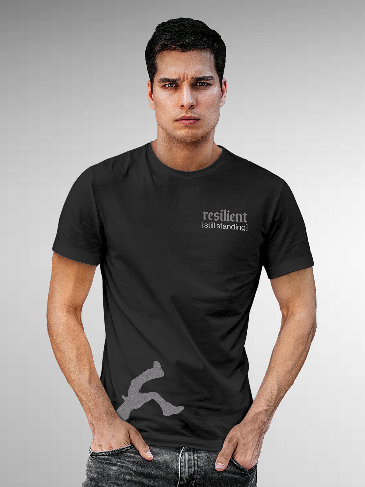 Model wearing Men's Dark Grey Round Neck T-shirt with 'Resilient' design, offering effortless style and premium comfort