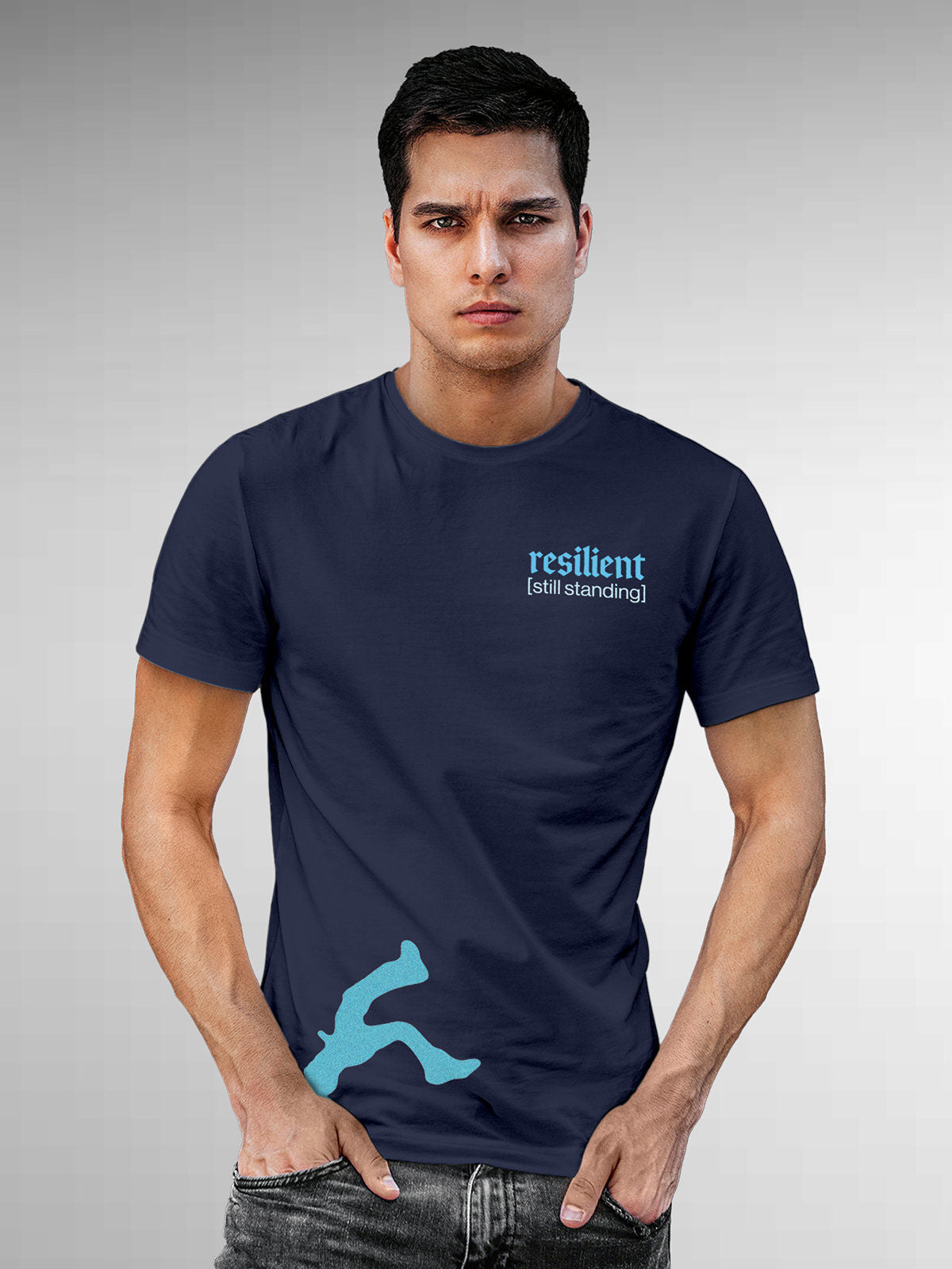 Model wearing Men's Navy Blue Round Neck T-shirt with 'Resilient' design, offering effortless style and premium comfort