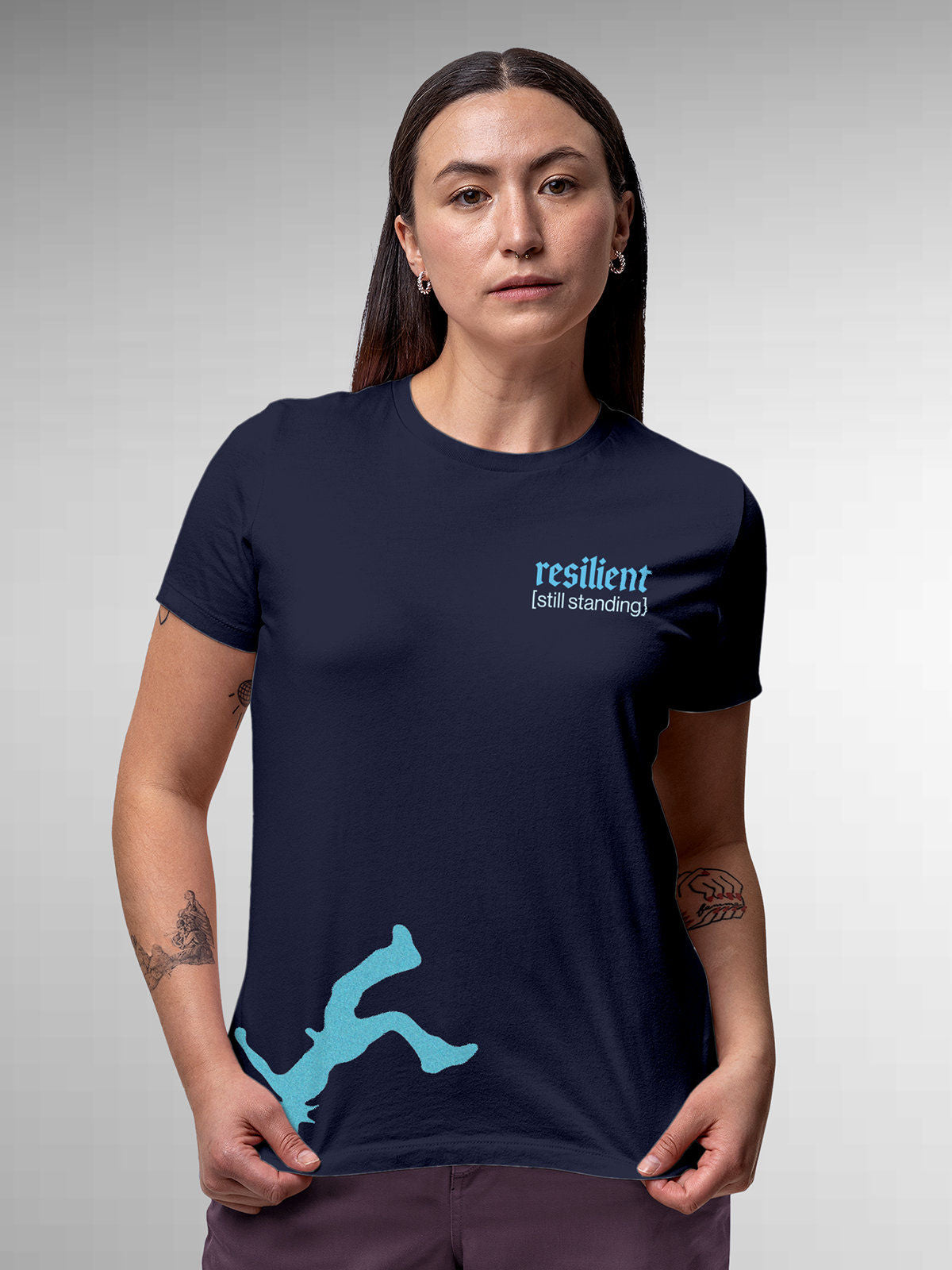 Model wearing Women's Navy Blue Round Neck T-shirt with 'Resilient' design, offering effortless style and premium comfort