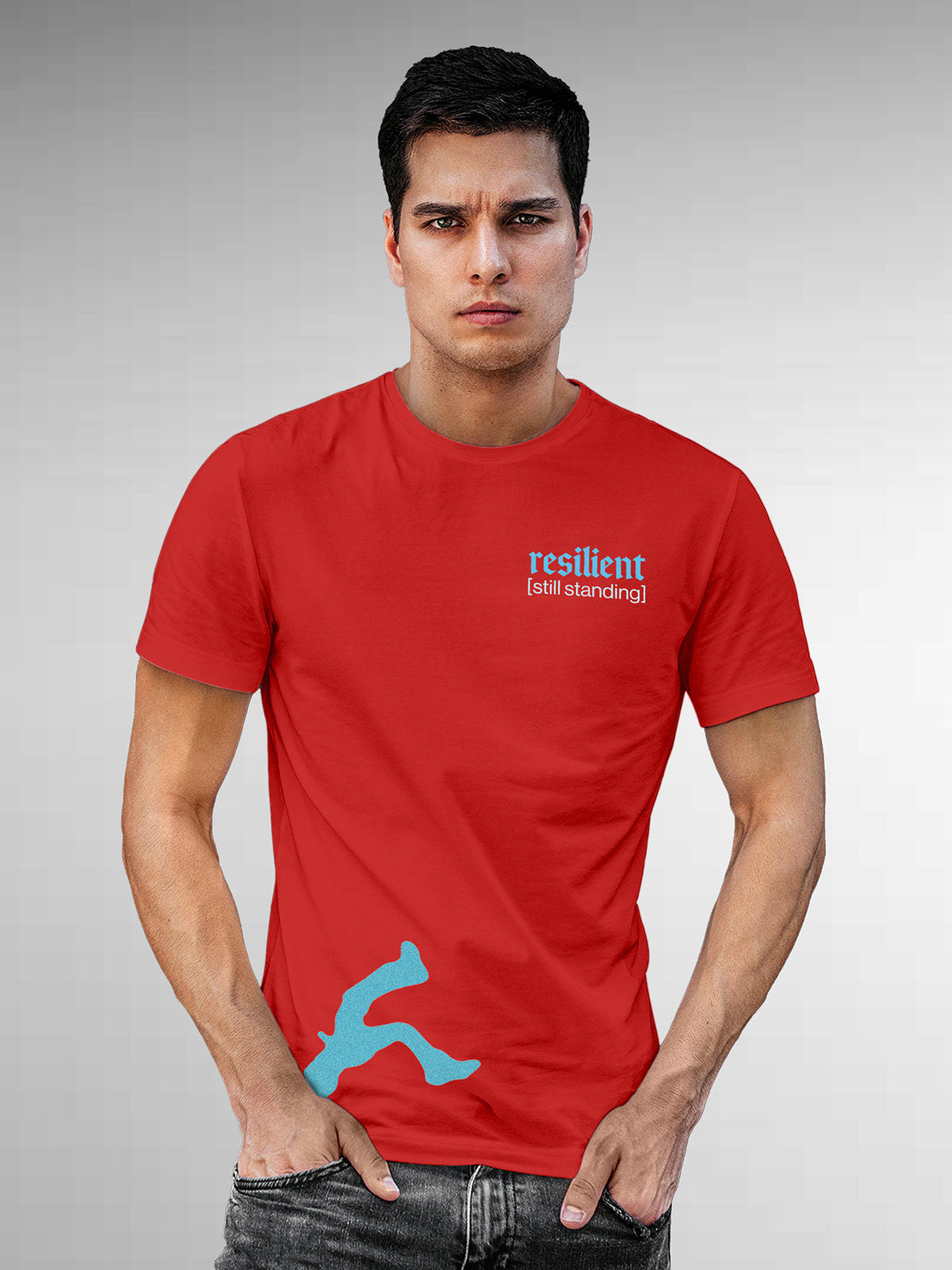 Model wearing Men's Red Round Neck T-shirt with 'Resilient' design, offering effortless style and premium comfort
