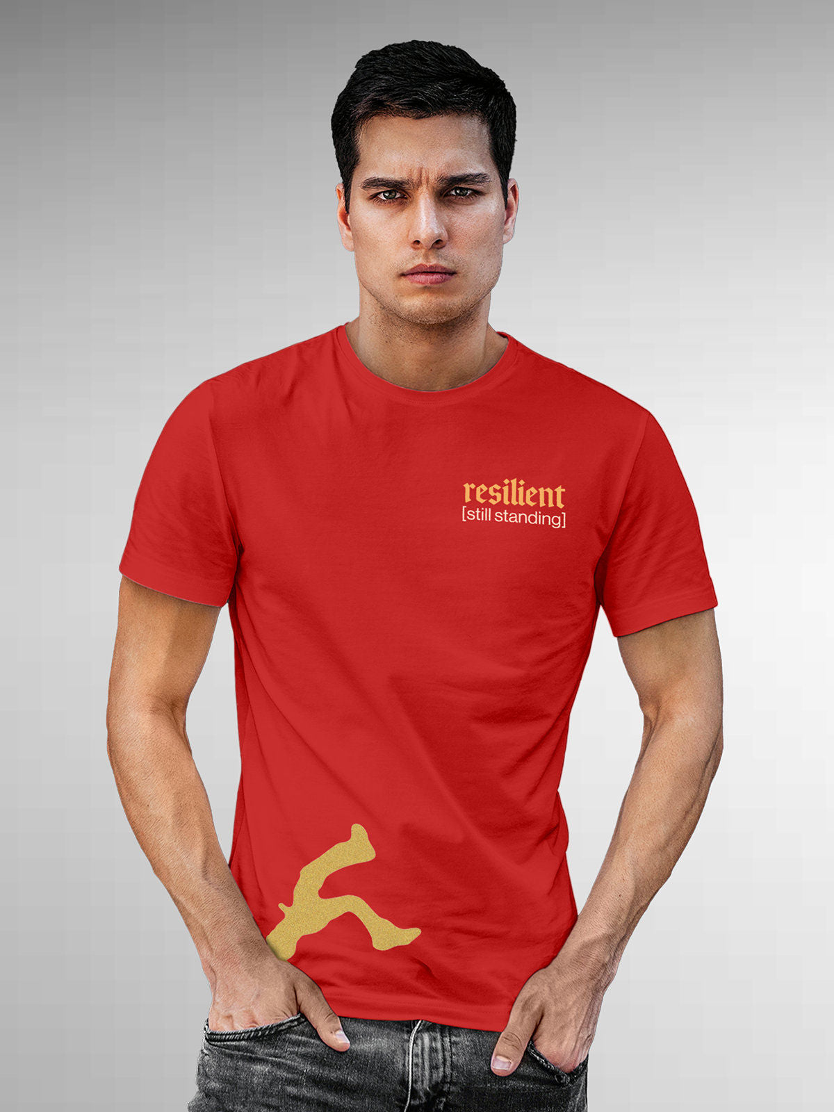 Model wearing Men's Red Round Neck T-shirt with 'Resilient' design, offering effortless style and premium comfort