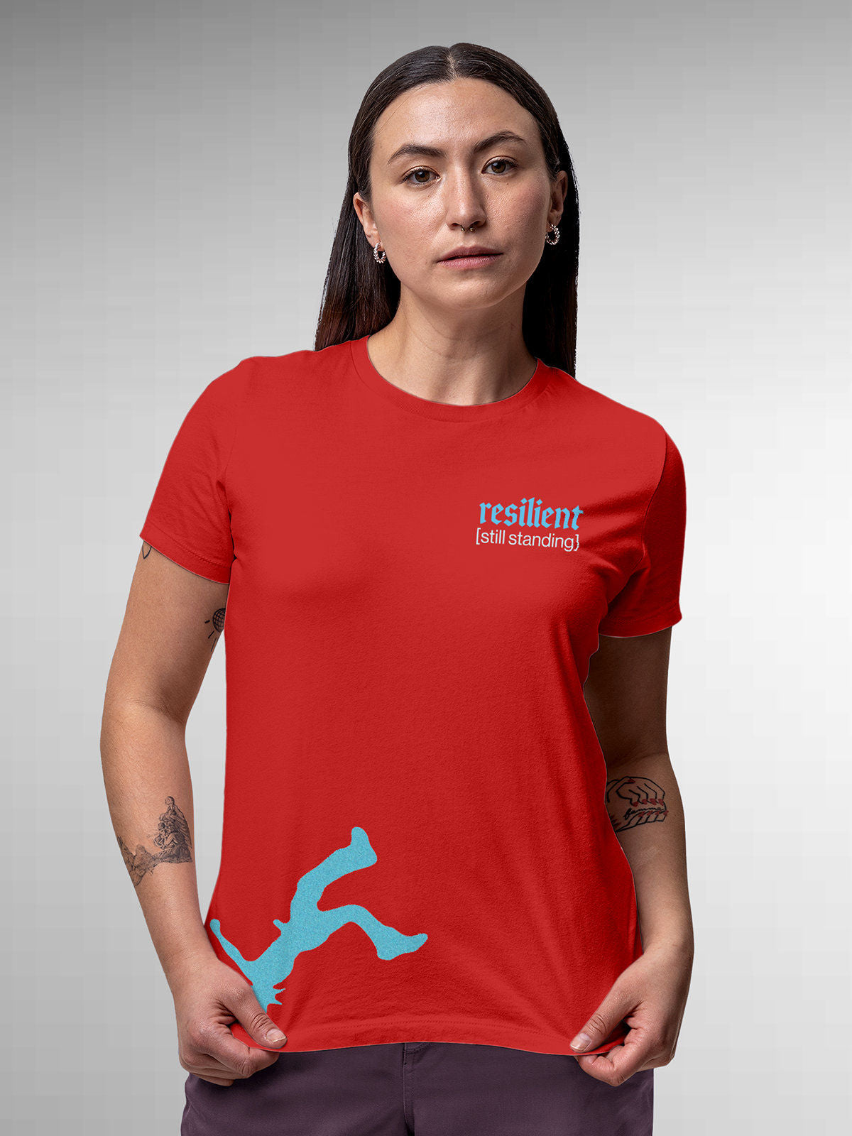 Model wearing Women's Red Round Neck T-shirt with 'Resilient' design, offering effortless style and premium comfort