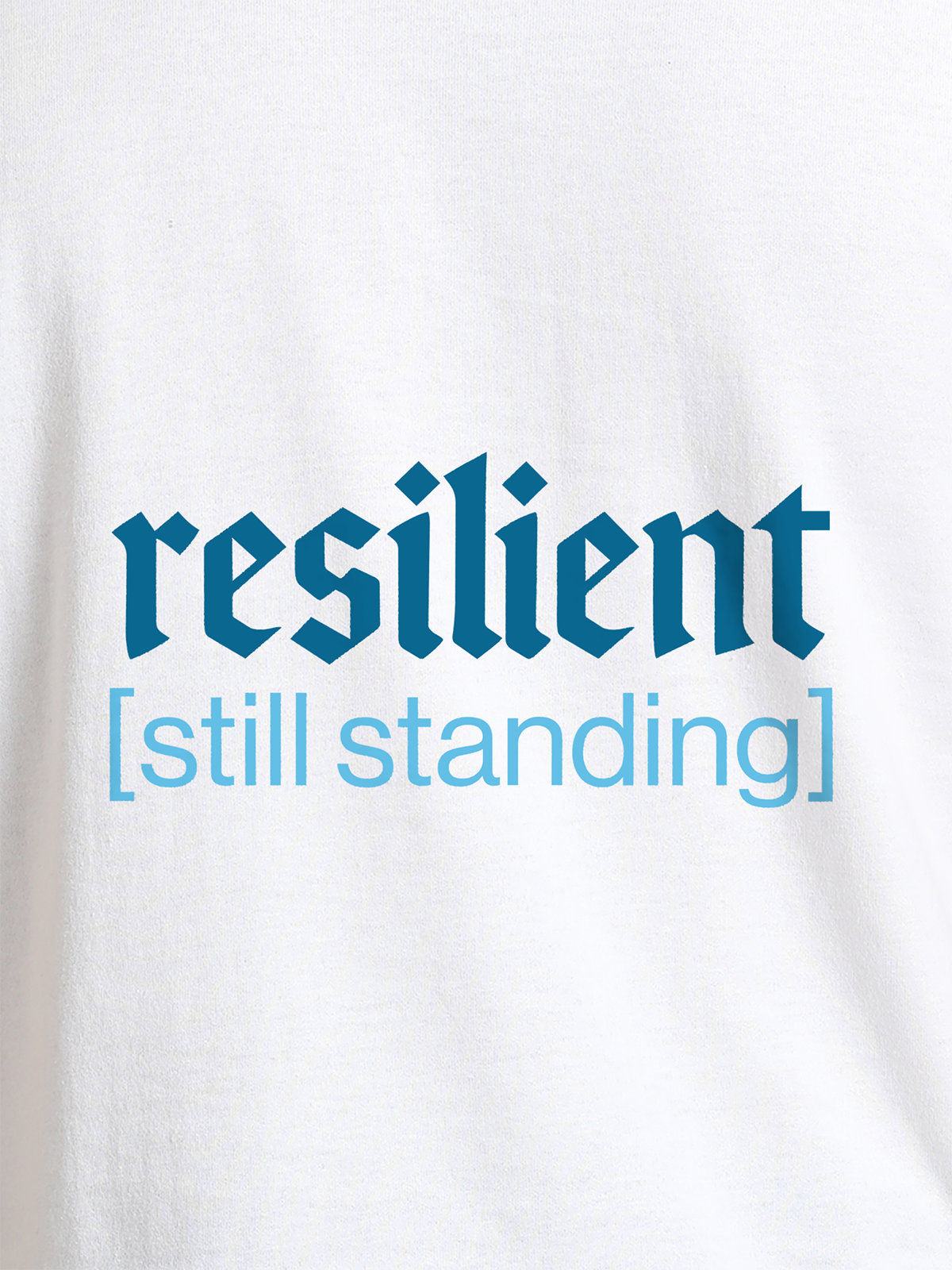 Close up of 'Resilient' design on Men's White Round Neck T-shirt, highlighting intricate details and vibrant print.