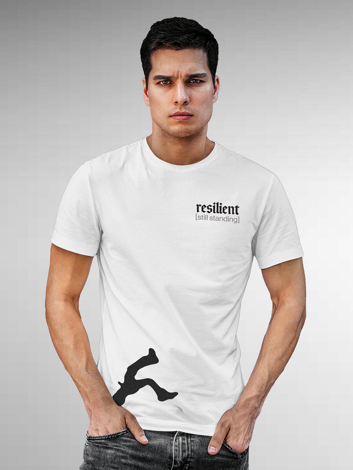 Model wearing Men's White Round Neck T-shirt with 'Resilient' design, offering effortless style and premium comfort