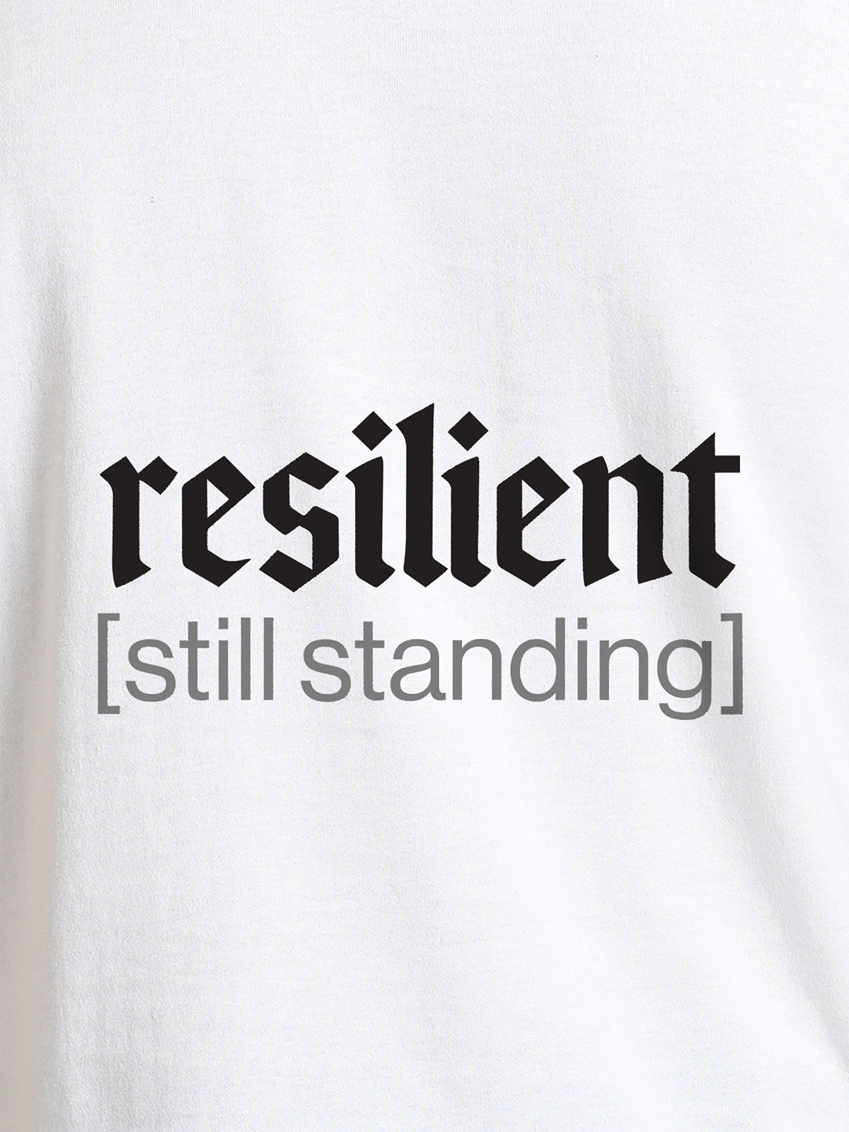 Close up of 'Resilient' design on Men's White Round Neck T-shirt, highlighting intricate details and vibrant print.