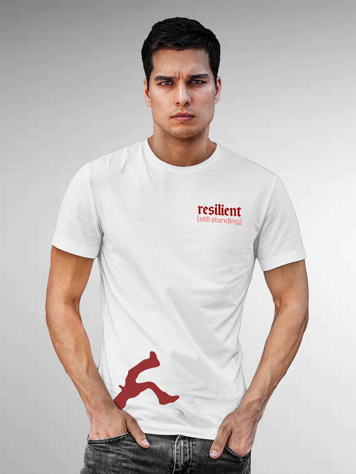 Model wearing Men's White Round Neck T-shirt with 'Resilient' design, offering effortless style and premium comfort