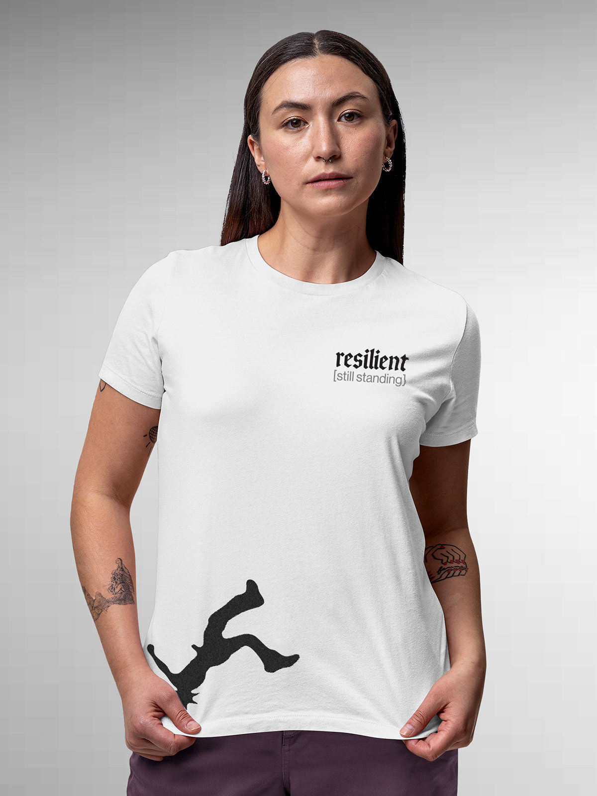 Model wearing Women's White Round Neck T-shirt with 'Resilient' design, offering effortless style and premium comfort