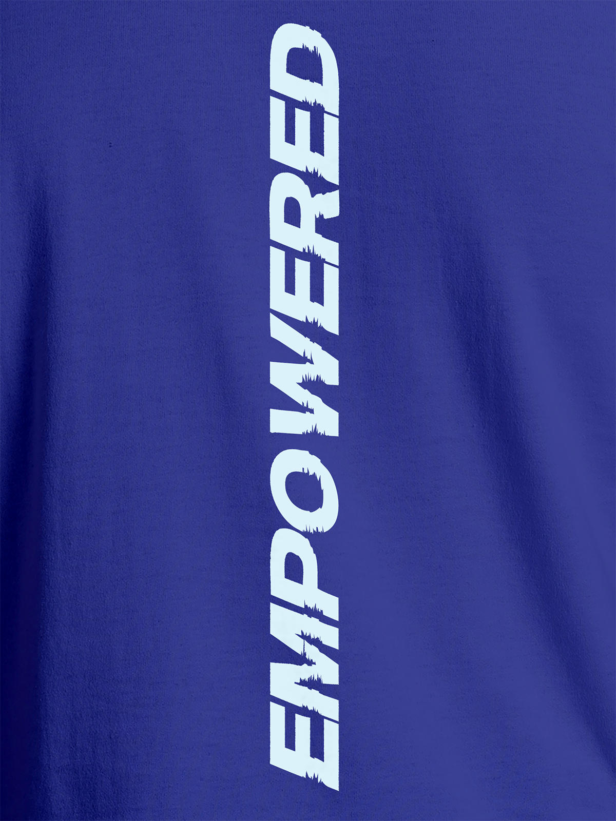 Close up of 'Empowered' design on Men's Blue Round Neck T-shirt, highlighting intricate details and vibrant print.