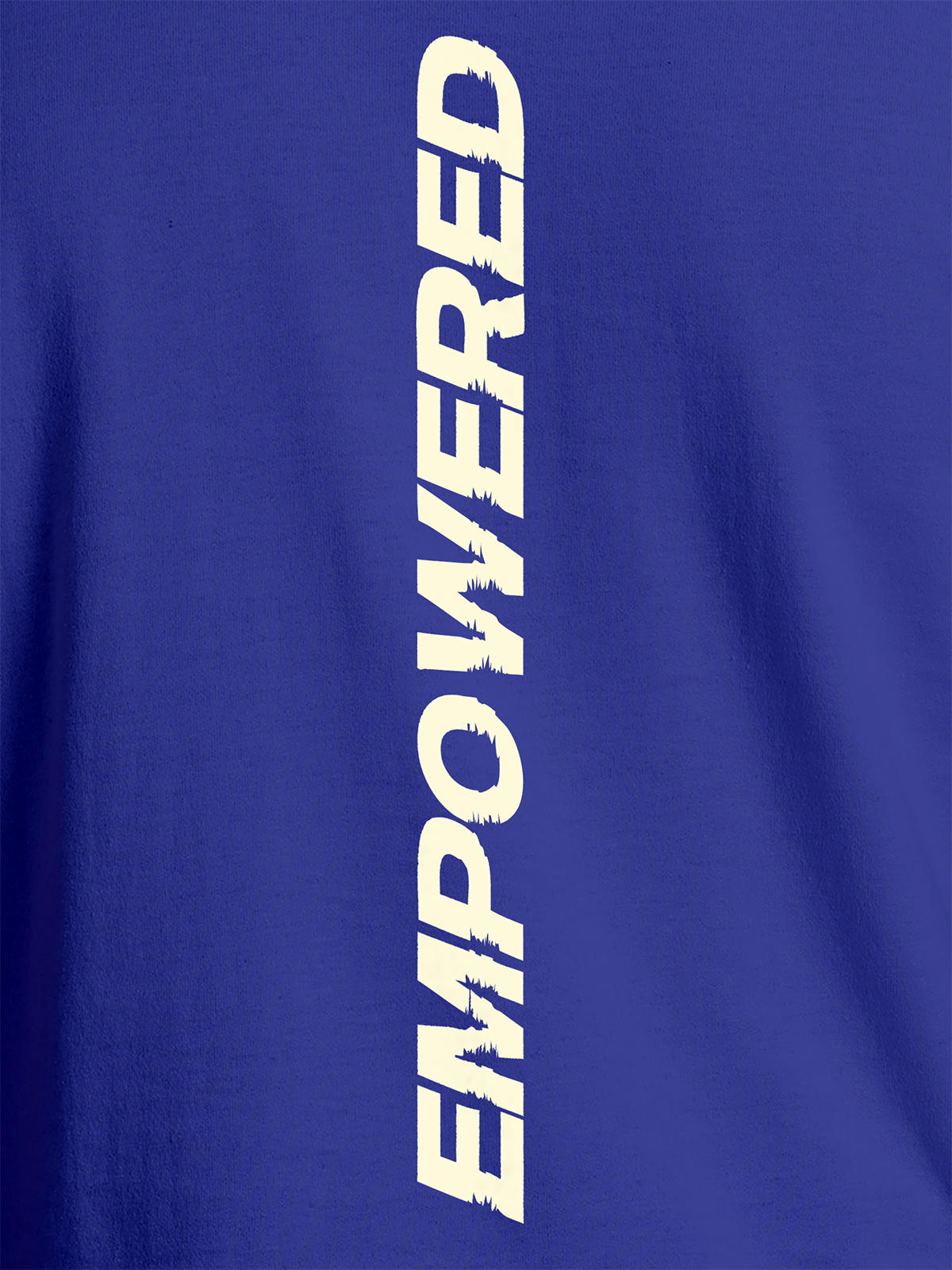 Close up of 'Empowered' design on Men's Blue Round Neck T-shirt, highlighting intricate details and vibrant print.