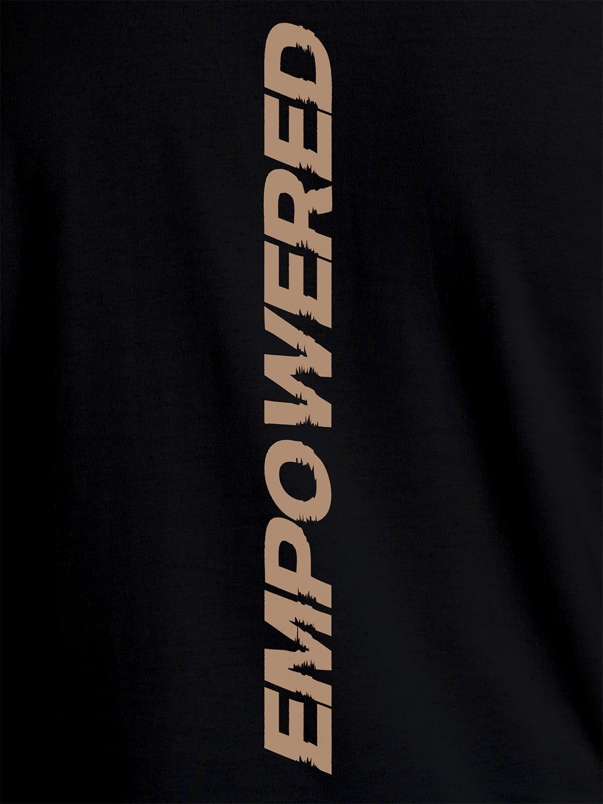 Close up of 'Empowered' design on Men's Black Round Neck T-shirt, highlighting intricate details and vibrant print.