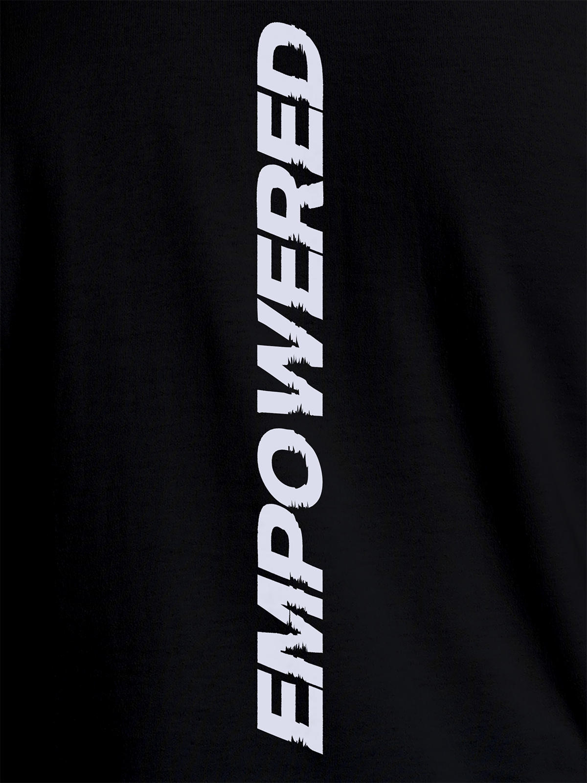 Close up of 'Empowered' design on Men's Black Round Neck T-shirt, highlighting intricate details and vibrant print.