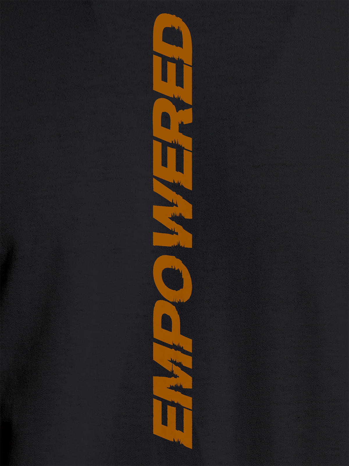 Close up of 'Empowered' design on Women's Dark Grey Round Neck T-shirt, highlighting intricate details and vibrant print.