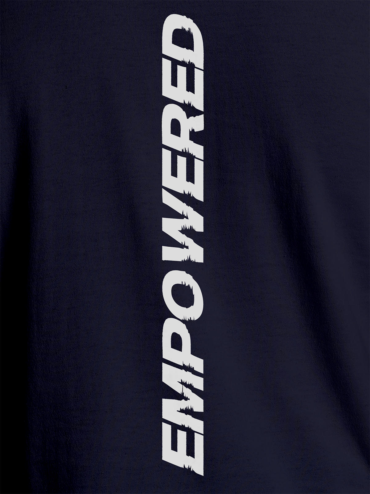 Close up of 'Empowered' design on Men's Navy Blue Round Neck T-shirt, highlighting intricate details and vibrant print.