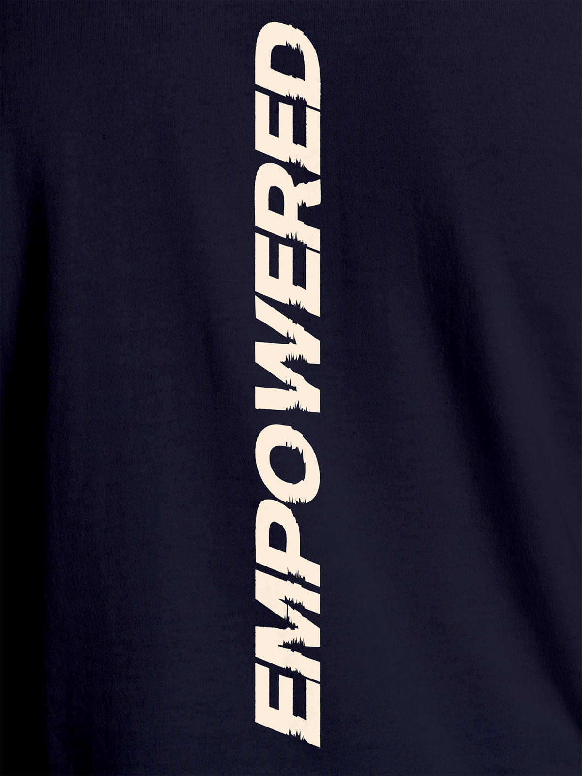 Close up of 'Empowered' design on Men's Navy Blue Round Neck T-shirt, highlighting intricate details and vibrant print.