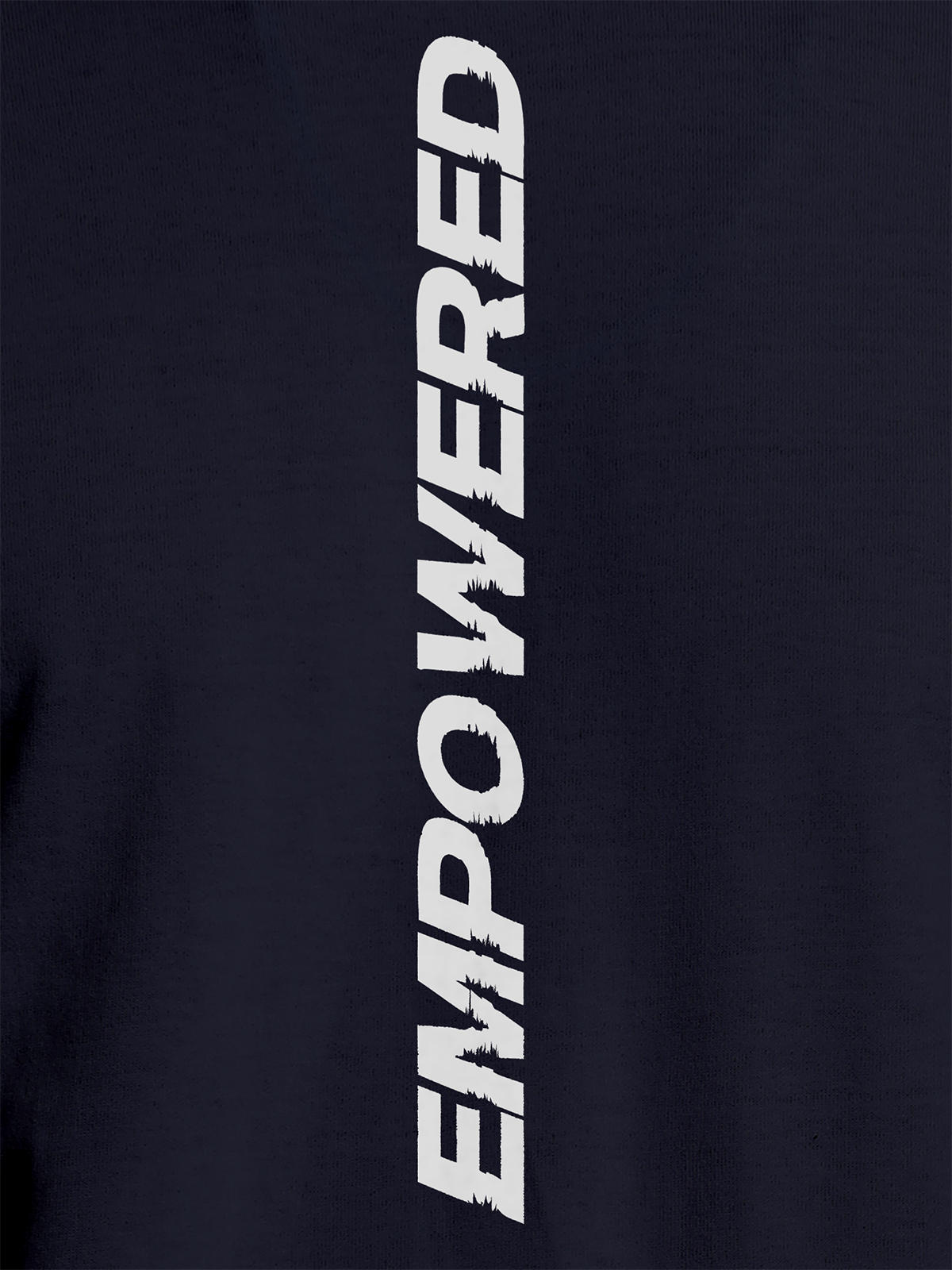 Close up of 'Empowered' design on Women's Navy Blue Round Neck T-shirt, highlighting intricate details and vibrant print.