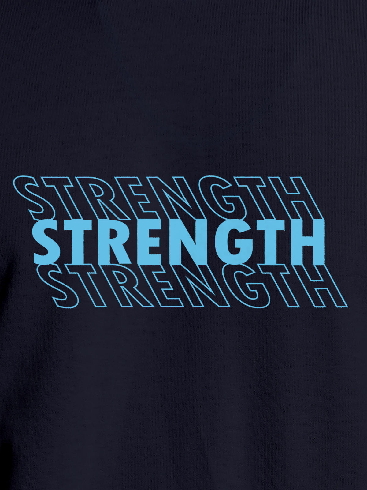 Close up of 'Strength' design on Men's Navy Blue Round Neck T-shirt, highlighting intricate details and vibrant print.