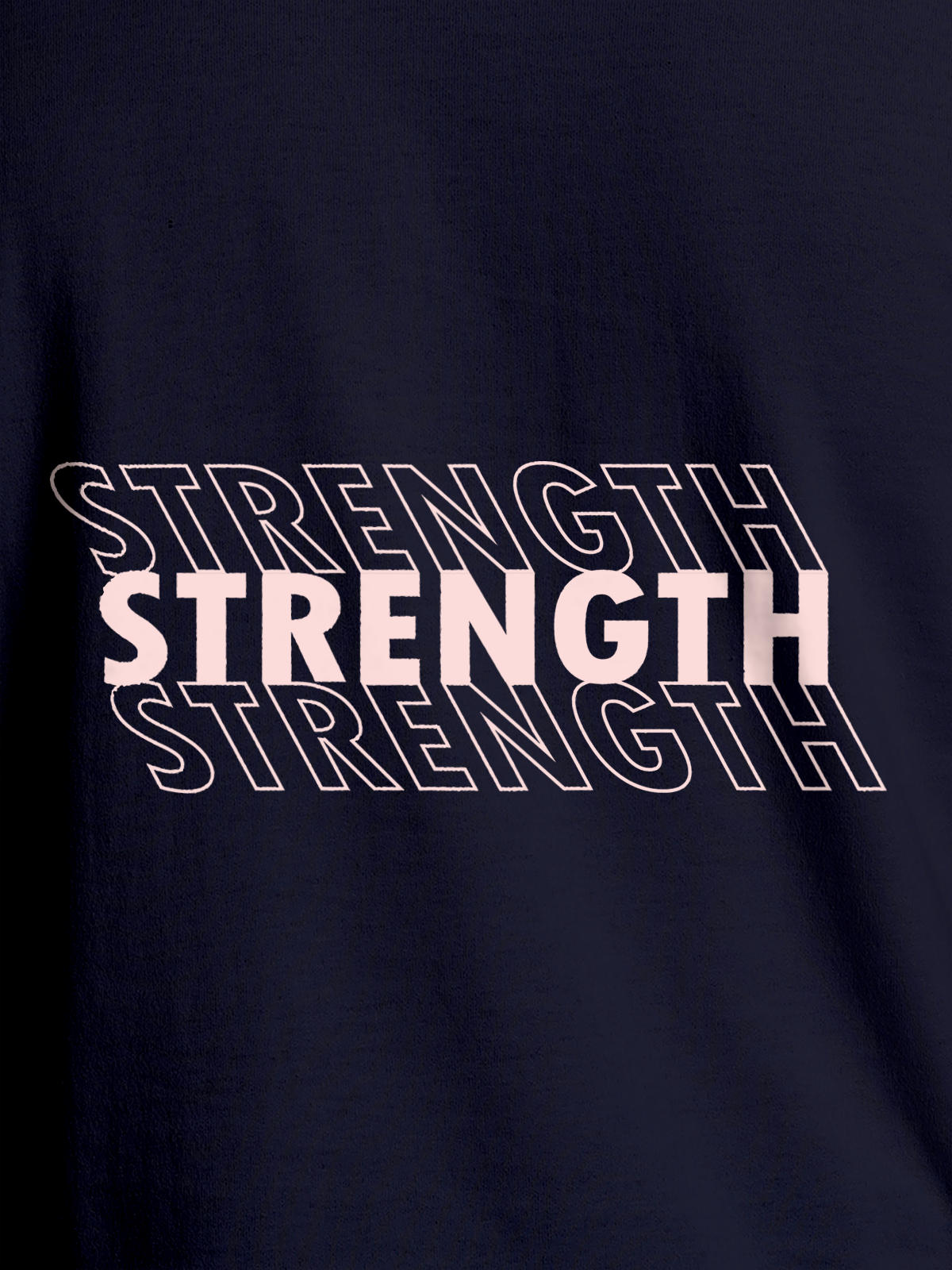 Close up of 'Strength' design on Women's Navy Blue Round Neck T-shirt, highlighting intricate details and vibrant print.
