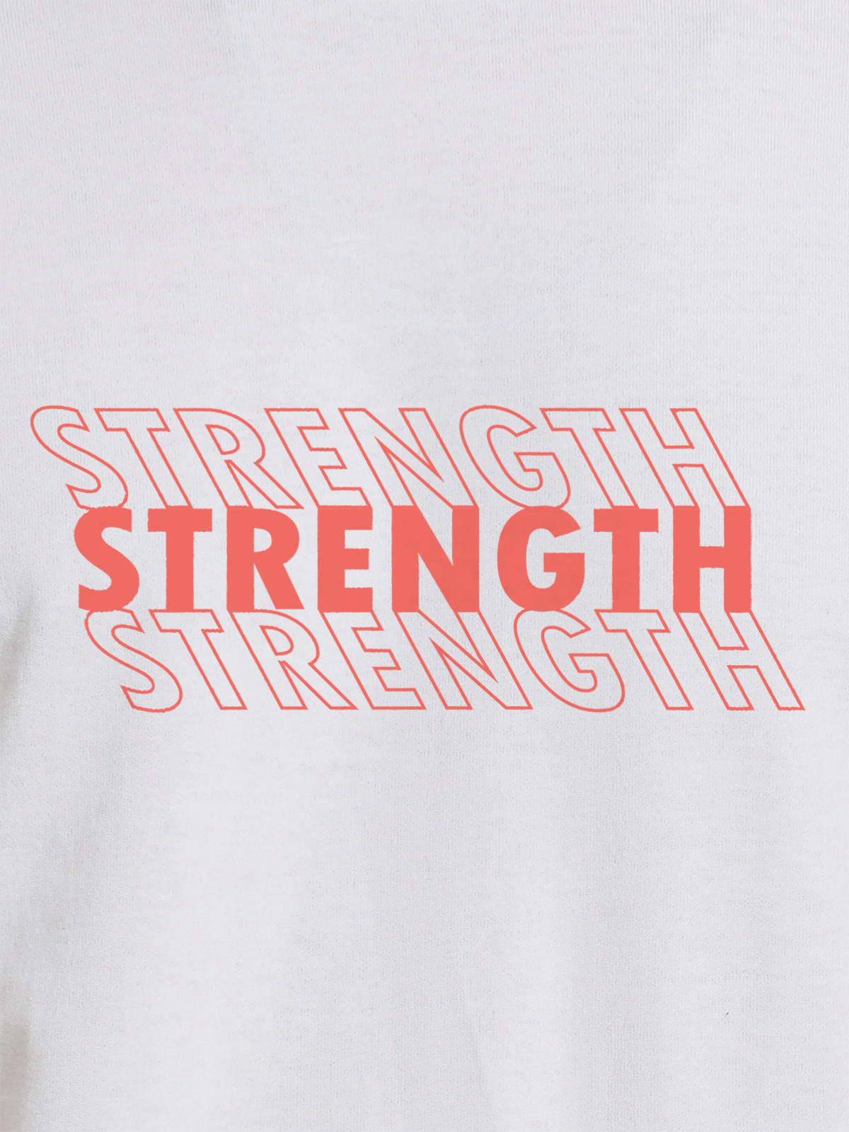 Close up of 'Strength' design on Men's White Round Neck T-shirt, highlighting intricate details and vibrant print.
