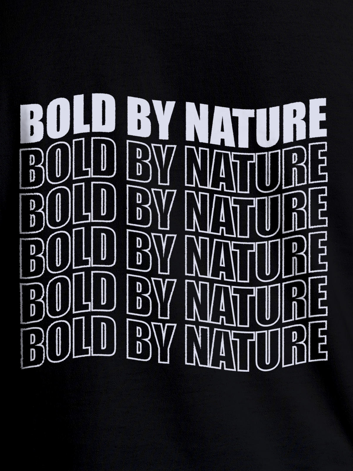 Close up of 'Bold By Nature' design on Men's Black Round Neck T-shirt, highlighting intricate details and vibrant print.