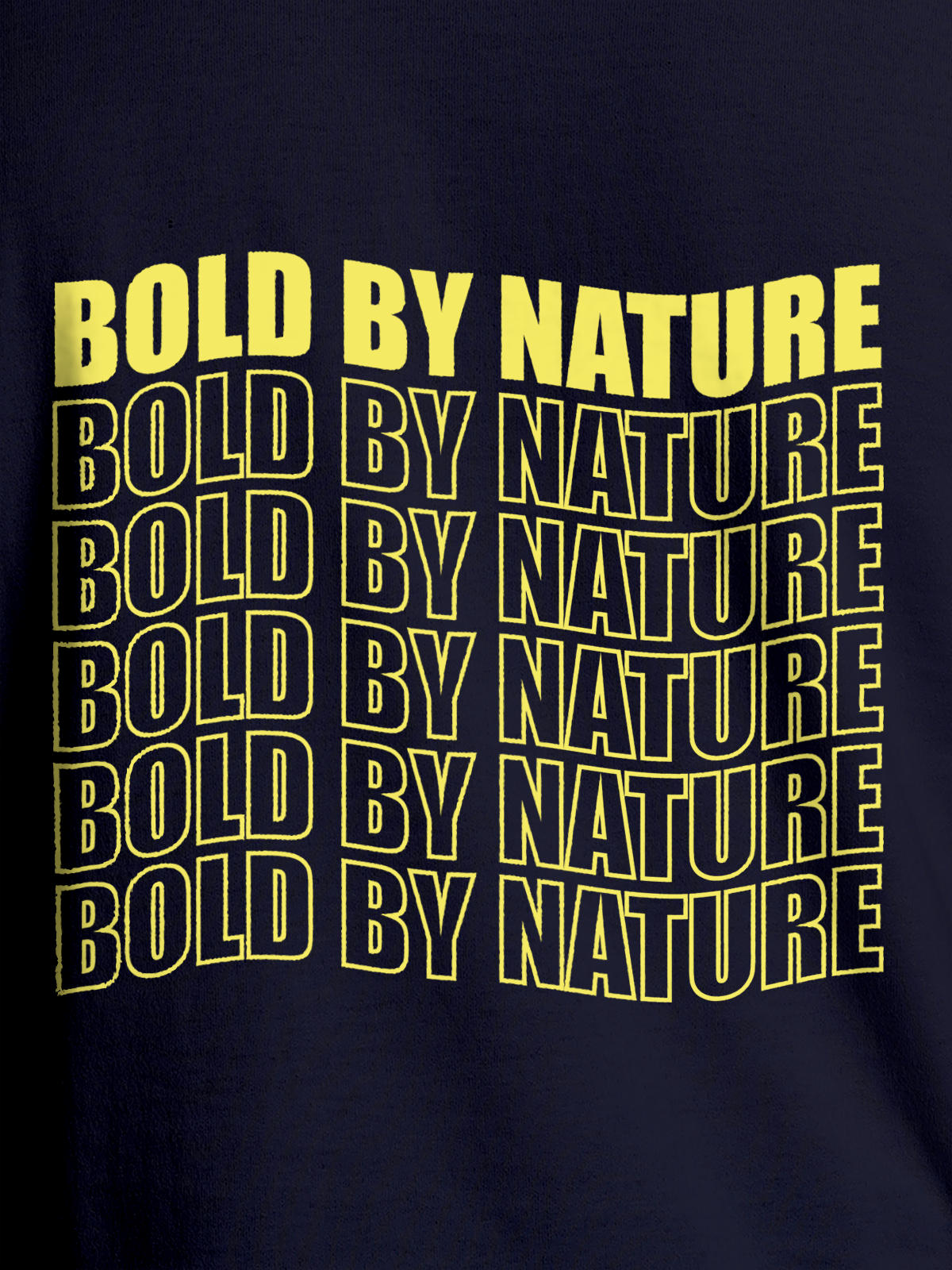 Close up of 'Bold By Nature' design on Men's Navy Blue Round Neck T-shirt, highlighting intricate details and vibrant print.