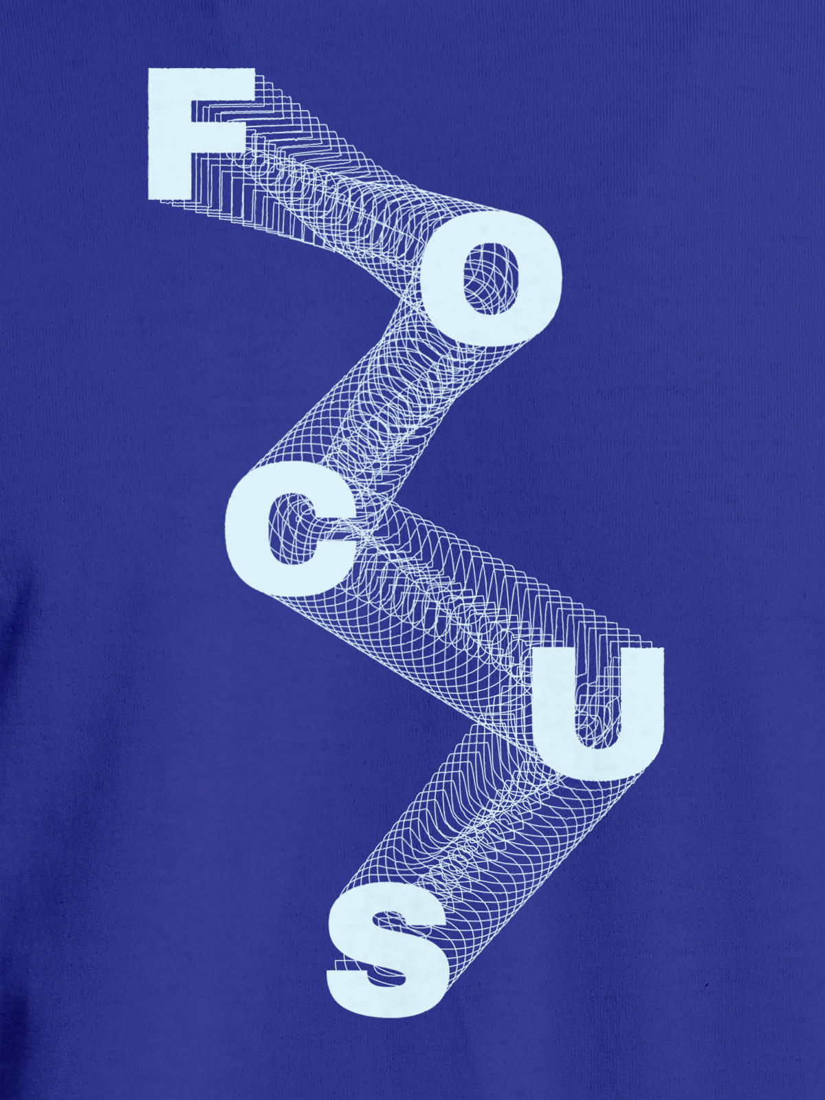 Close up of 'Focus' design on Men's Blue Round Neck T-shirt, highlighting intricate details and vibrant print.
