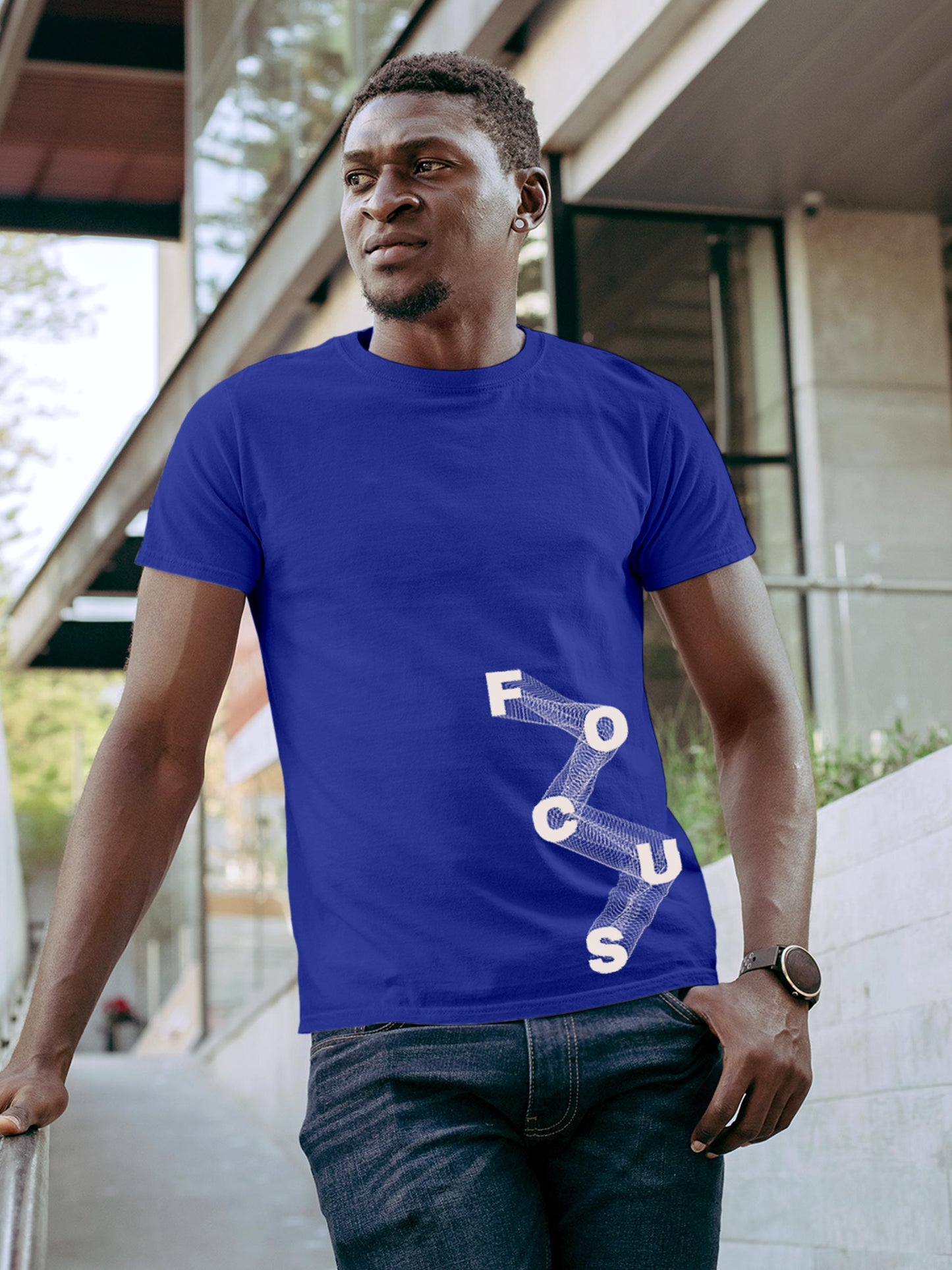 Model wearing Men's Blue Round Neck T-shirt with 'Focus' design, offering effortless style and premium comfort