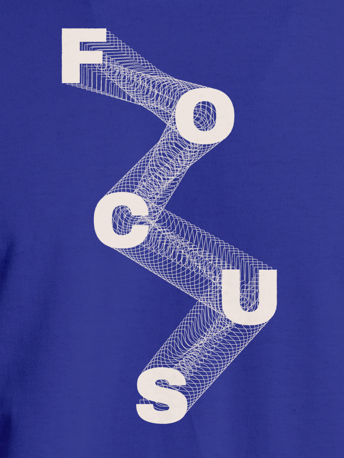 Close up of 'Focus' design on Men's Blue Round Neck T-shirt, highlighting intricate details and vibrant print.