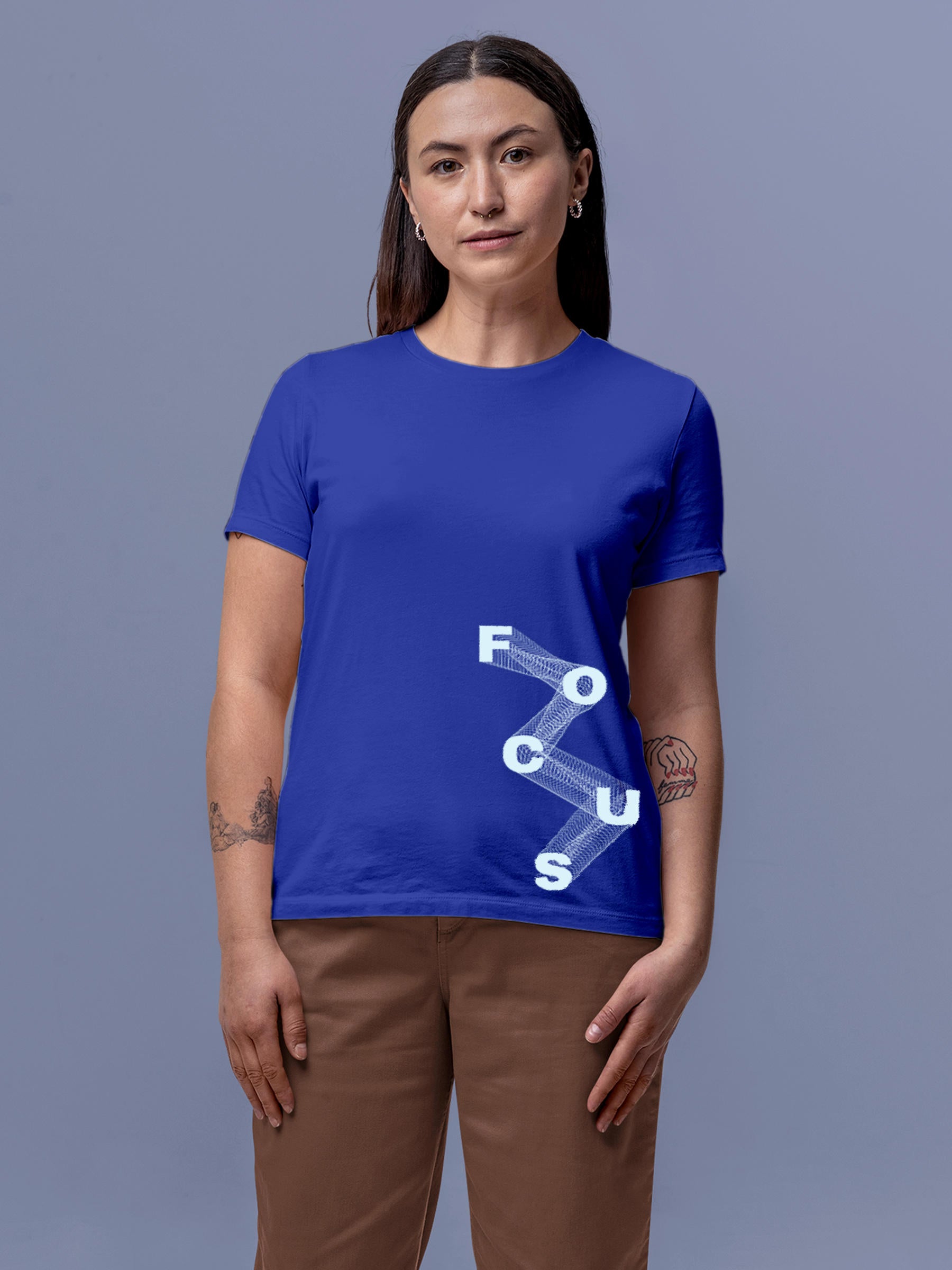Model wearing Women's Blue Round Neck T-shirt with 'Focus' design, offering effortless style and premium comfort
