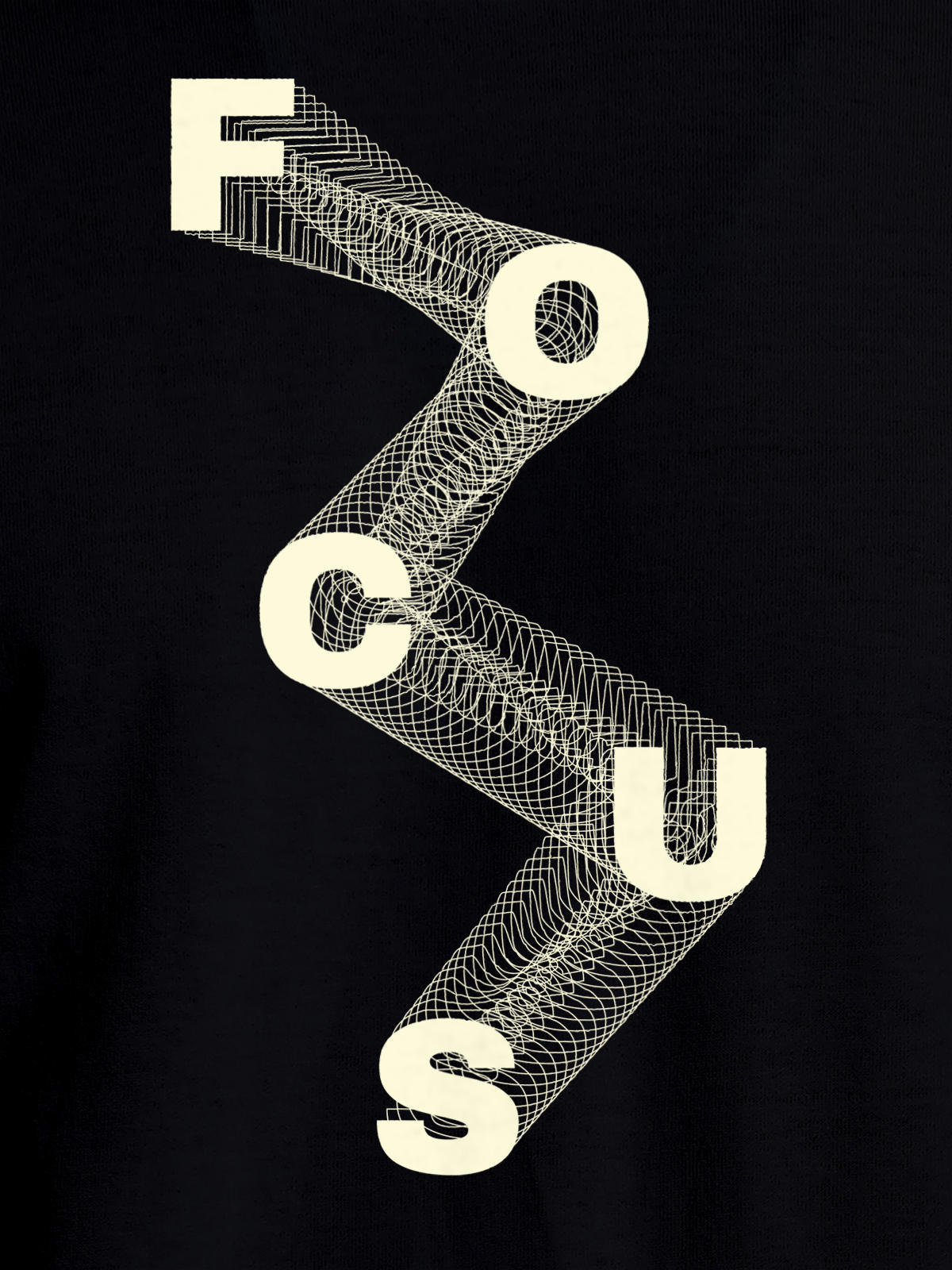 Close up of 'Focus' design on Men's Black Round Neck T-shirt, highlighting intricate details and vibrant print.