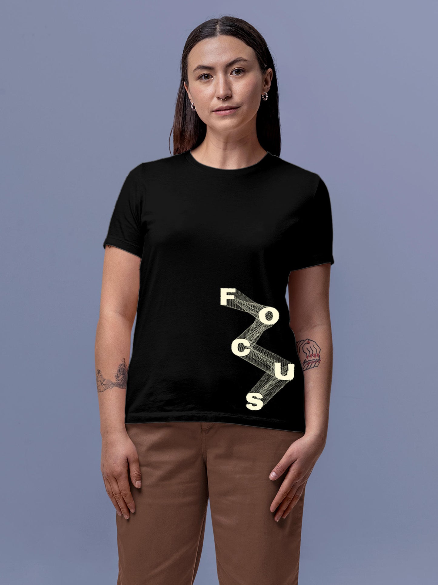 Model wearing Women's Black Round Neck T-shirt with 'Focus' design, offering effortless style and premium comfort