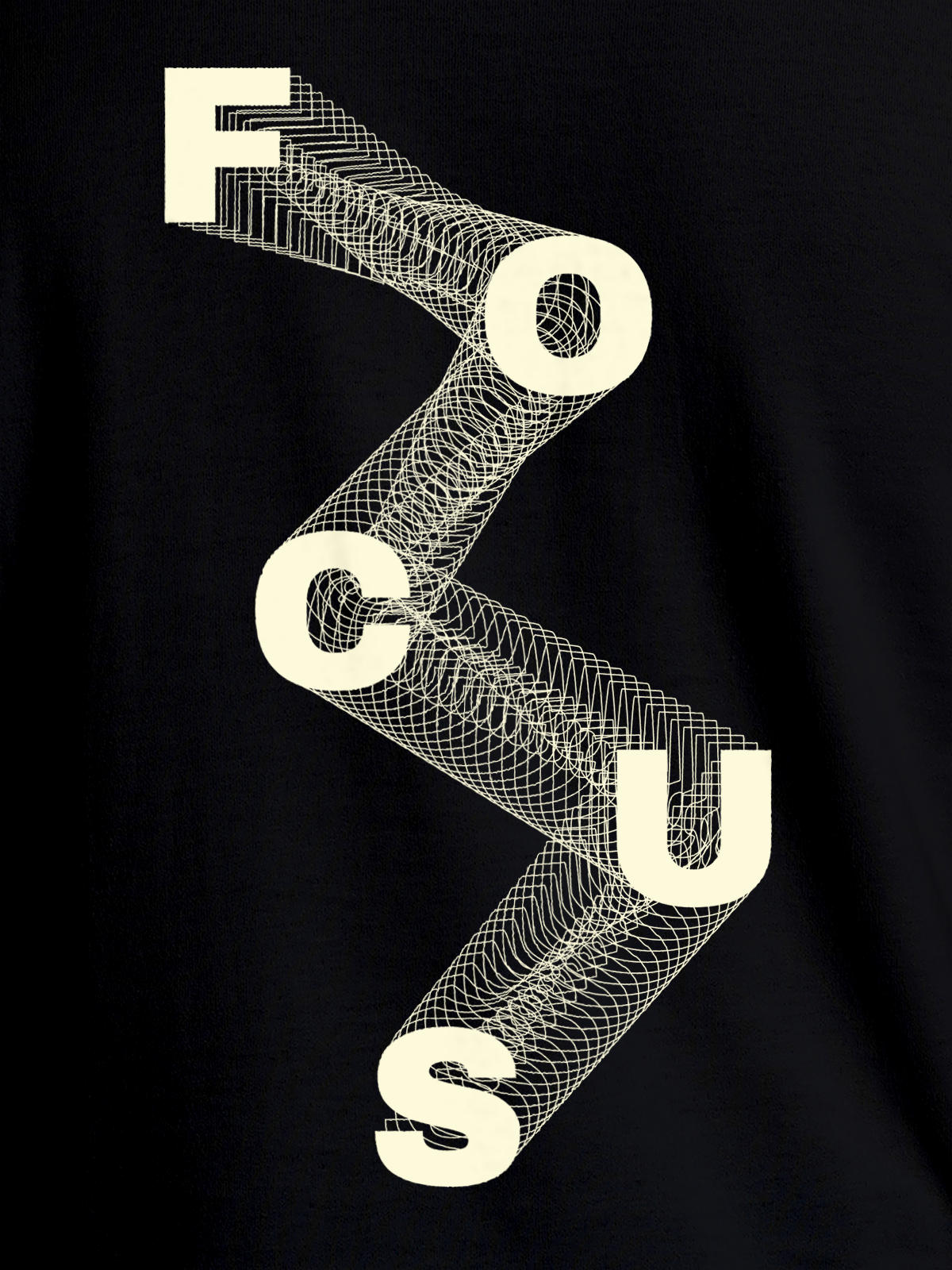 Close up of 'Focus' design on Women's Black Round Neck T-shirt, highlighting intricate details and vibrant print.