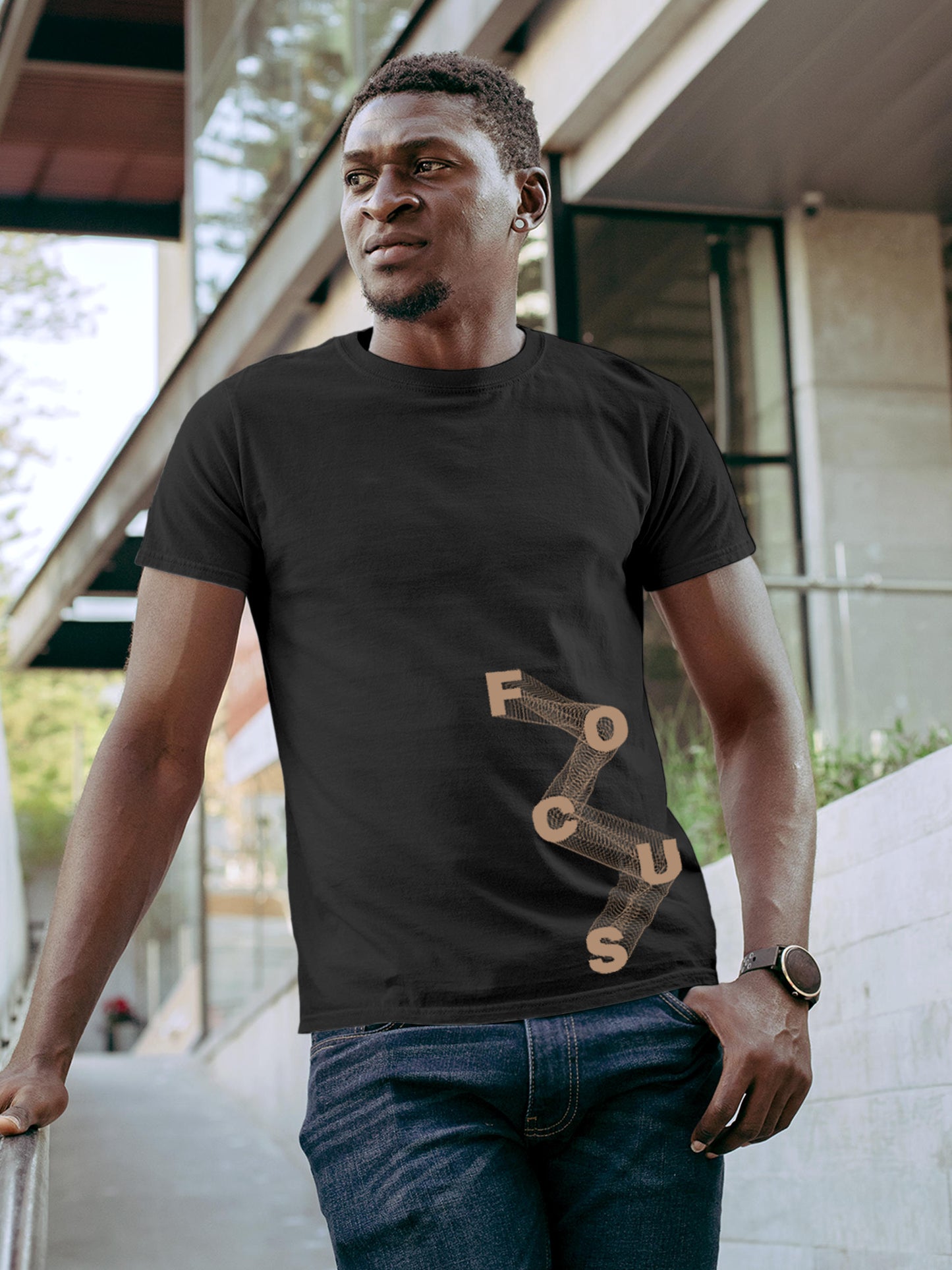 Model wearing Men's Dark Grey Round Neck T-shirt with 'Focus' design, offering effortless style and premium comfort