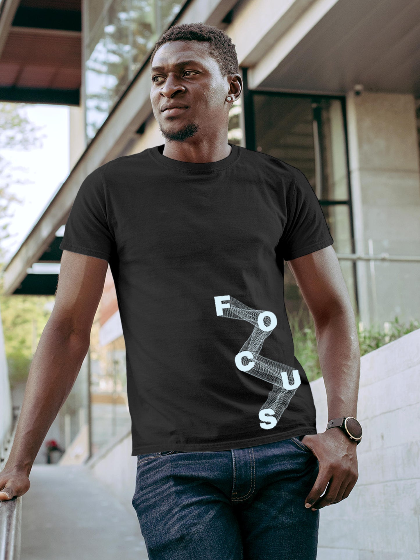 Model wearing Men's Dark Grey Round Neck T-shirt with 'Focus' design, offering effortless style and premium comfort