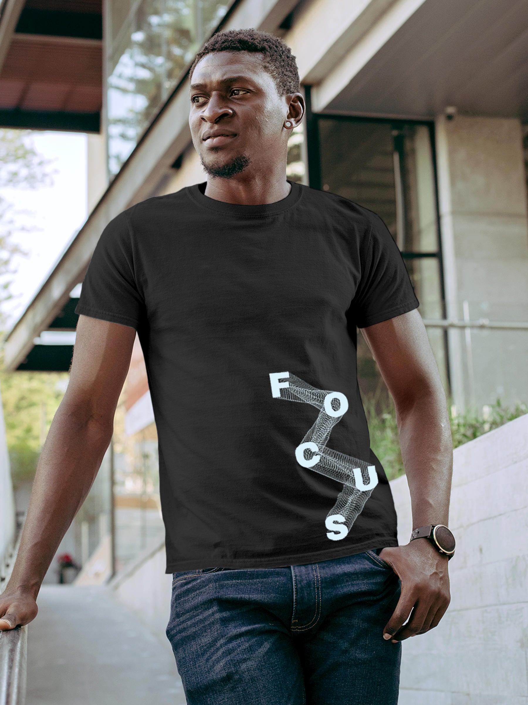 Model wearing Men's Dark Grey Round Neck T-shirt with 'Focus' design, offering effortless style and premium comfort