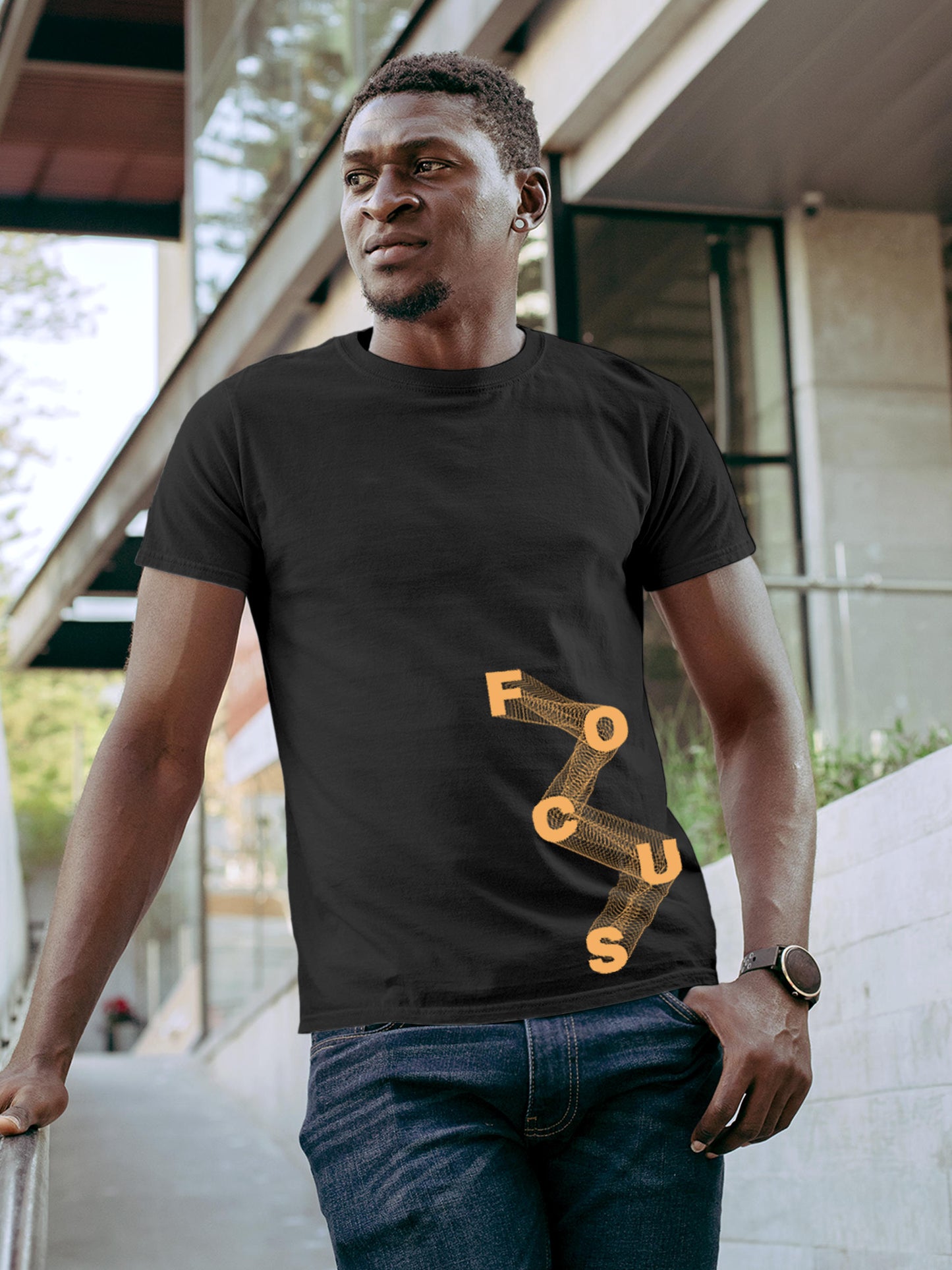 Model wearing Men's Dark Grey Round Neck T-shirt with 'Focus' design, offering effortless style and premium comfort